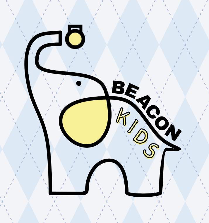 Outline of an elephant with a yellow ear and a beacon of light above him, with the words 'BEACHON KIDS' written on the elephant, and the background features a light blue diamond pattern.