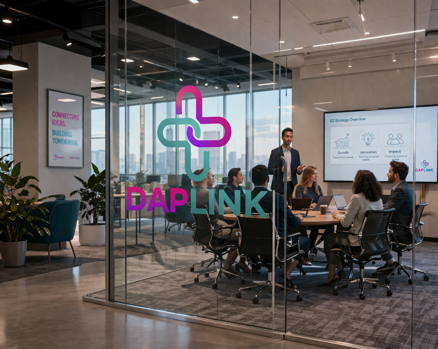A group of professionals in a conference room engaged in a meeting. The room has large windows, a digital screen displaying a presentation, and a glass wall with the company logo 'DAPLINK' in pink and teal.