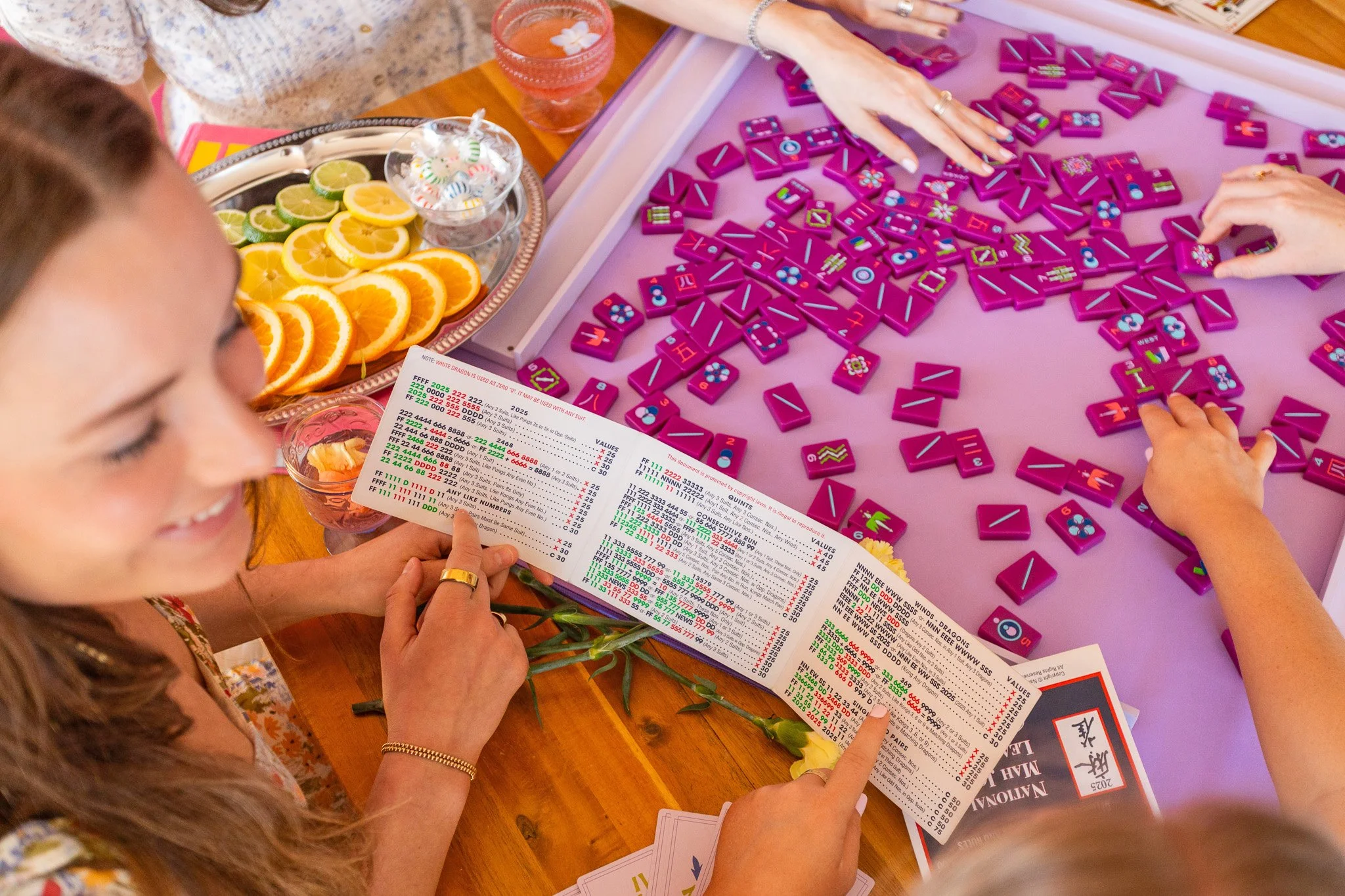 So Bam Fun Mahjong lesson with tiles and snacks