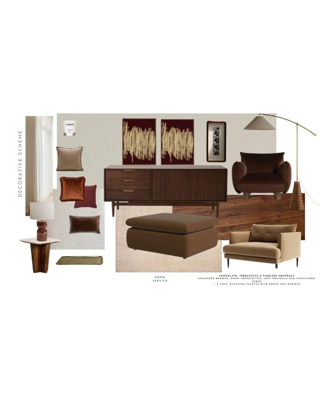 Decorative living room scheme featuring chocolate and terracotta tones, a fabric ottoman coffee table, dark wood sideboard, neutral flat-weave rug, layered cushions, sculptural armchair, warm lighting and curated artwork for a modern timeless