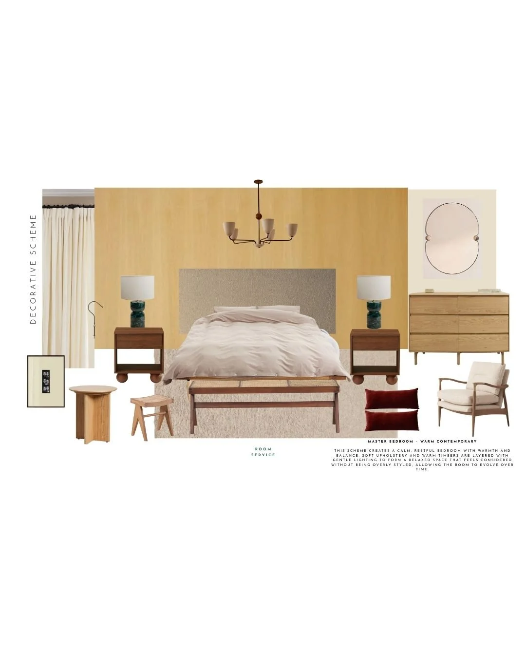 Warm contemporary master bedroom design scheme featuring a neutral upholstered bed, timber bedside tables, soft yellow wall finish, layered lighting, textured headboard panel and mid-century inspired furniture, creating a calm and restful bedroom int
