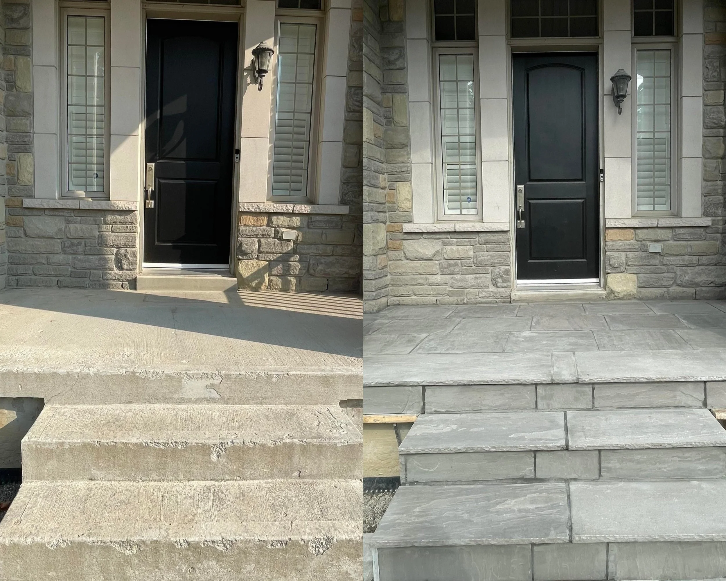 Side-by-side comparison of a front porch. The left shows weathered concrete steps; the right shows new gray stone steps.