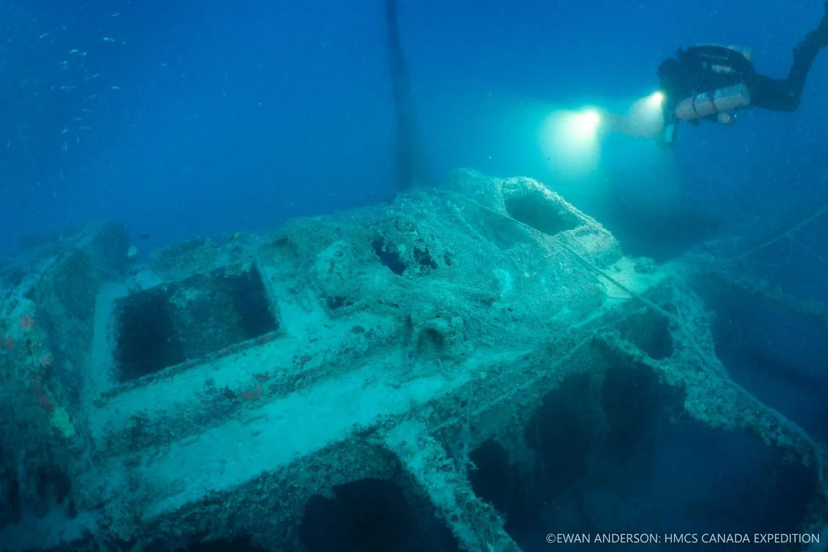 Detail view of the fishing net entanglement over the engine-room skylights of HMCS Canada.