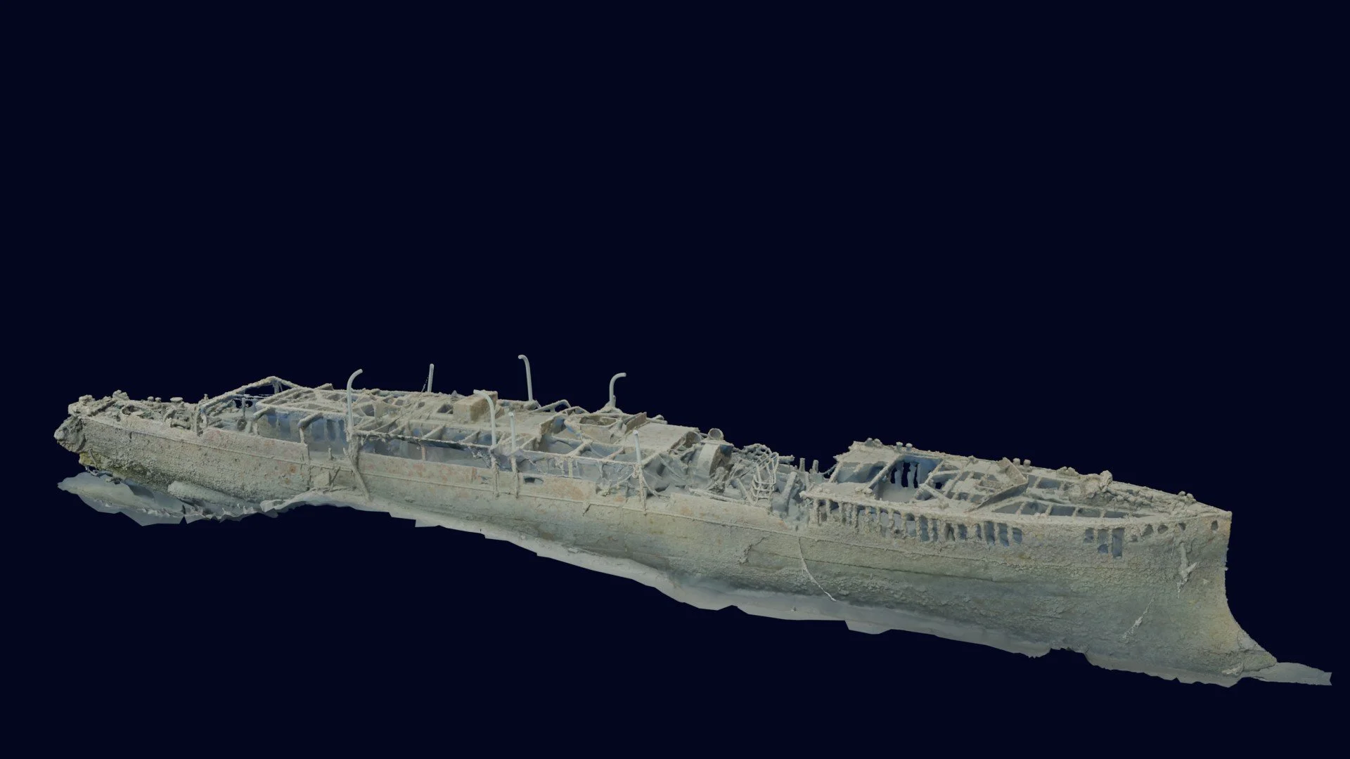 HMCS Canada photogrammetry model viewed from the starboard bow. The anchor and the vessel’s distinctive bow shape are visible in the foreground.