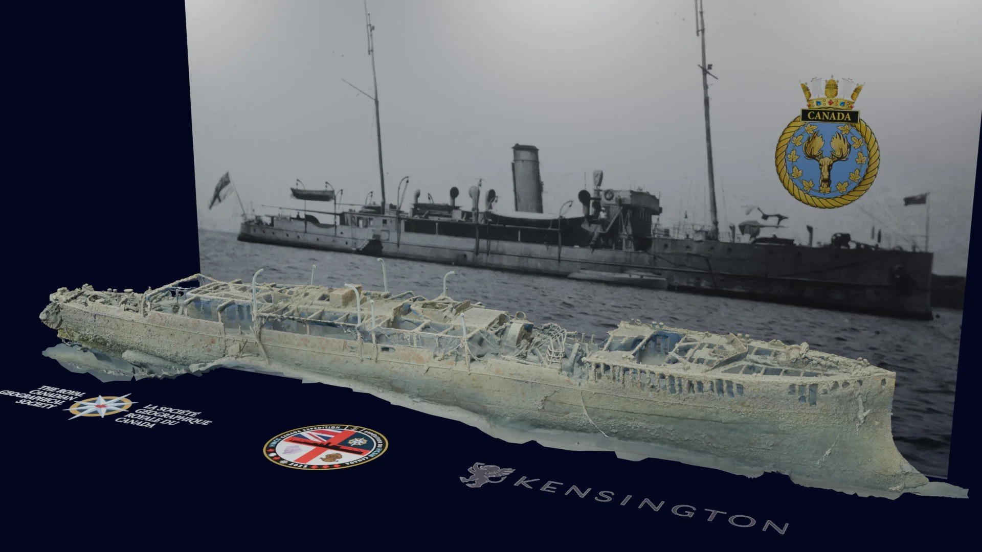 HMCS Canada photogrammetry model viewed from the starboard bow, with expedition insignia in the foreground and a historical photograph of HMCS Canada (summer 1918) in the background.