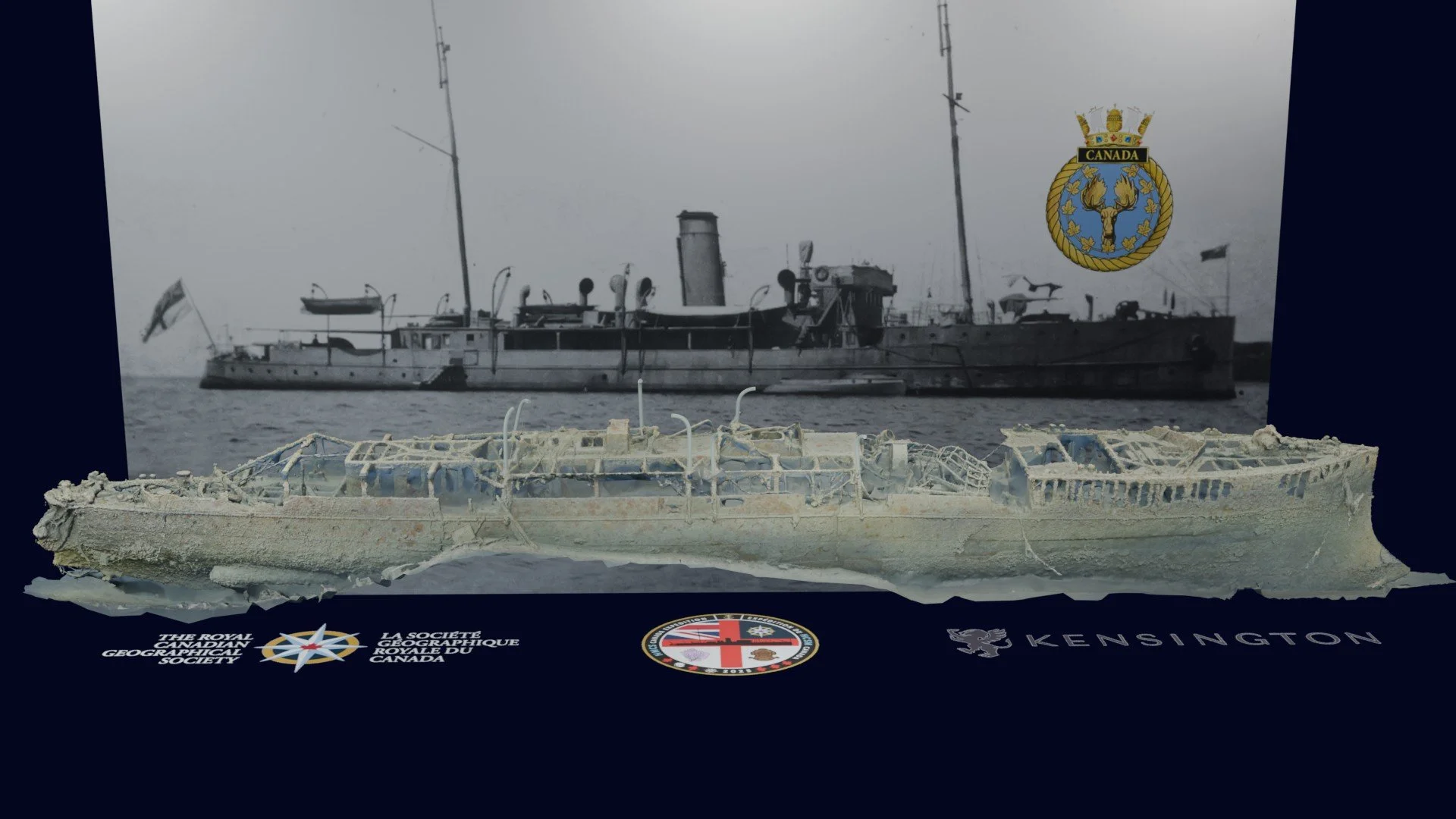 HMCS Canada photogrammetry model viewed from the starboard side, with expedition insignia in the foreground and a historical photograph of HMCS Canada (summer 1918) in the background.