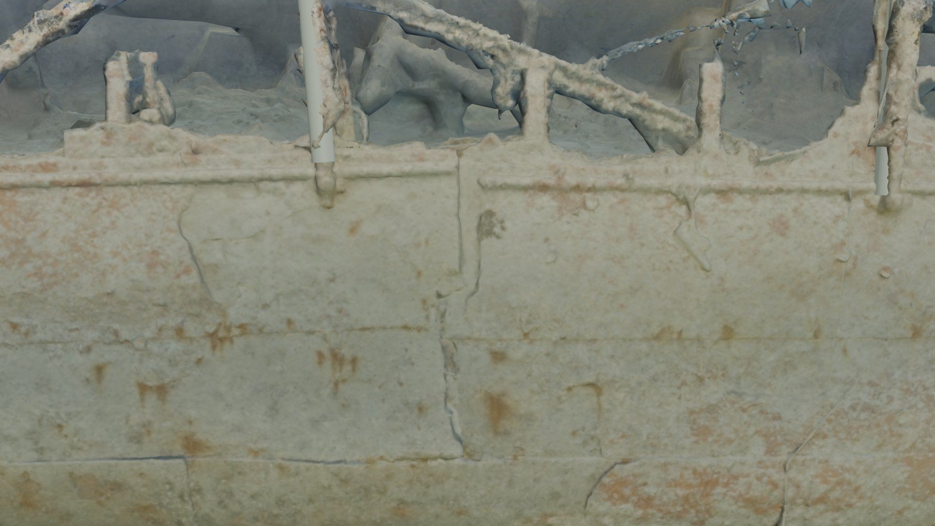 Close-up of the photogrammetry model highlighting hull fracture features on the starboard side of HMCS Canada.