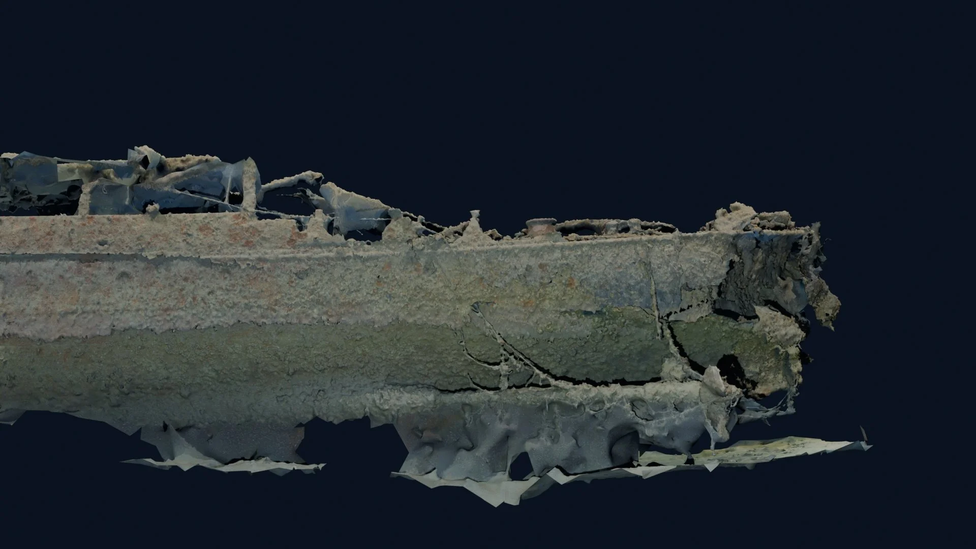 Aft portion of the HMCS Canada photogrammetry model showing evidence of significant sediment scouring by prevailing currents.