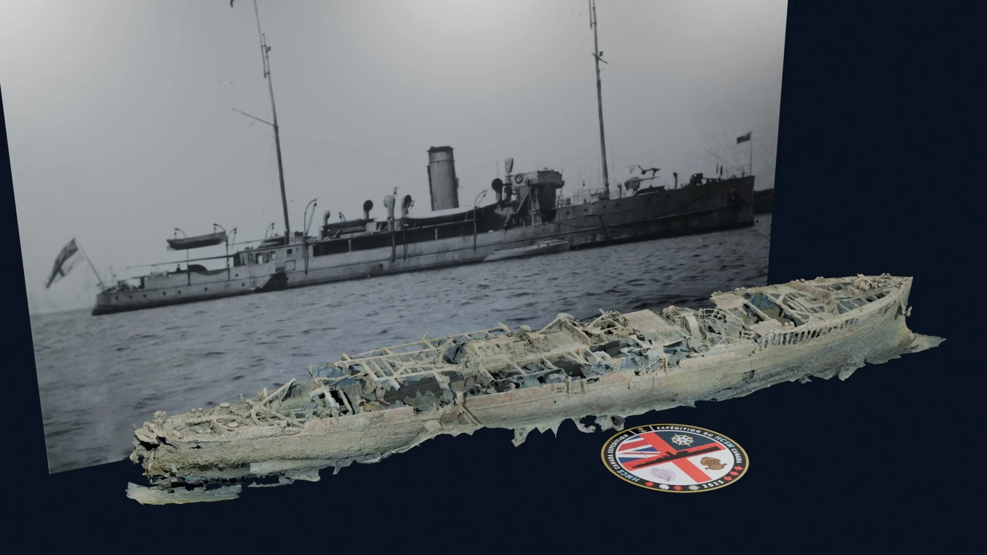 HMCS Canada photogrammetry model viewed from the starboard stern, with expedition insignia in the foreground and a historical photograph of HMCS Canada (summer 1918) in the background.