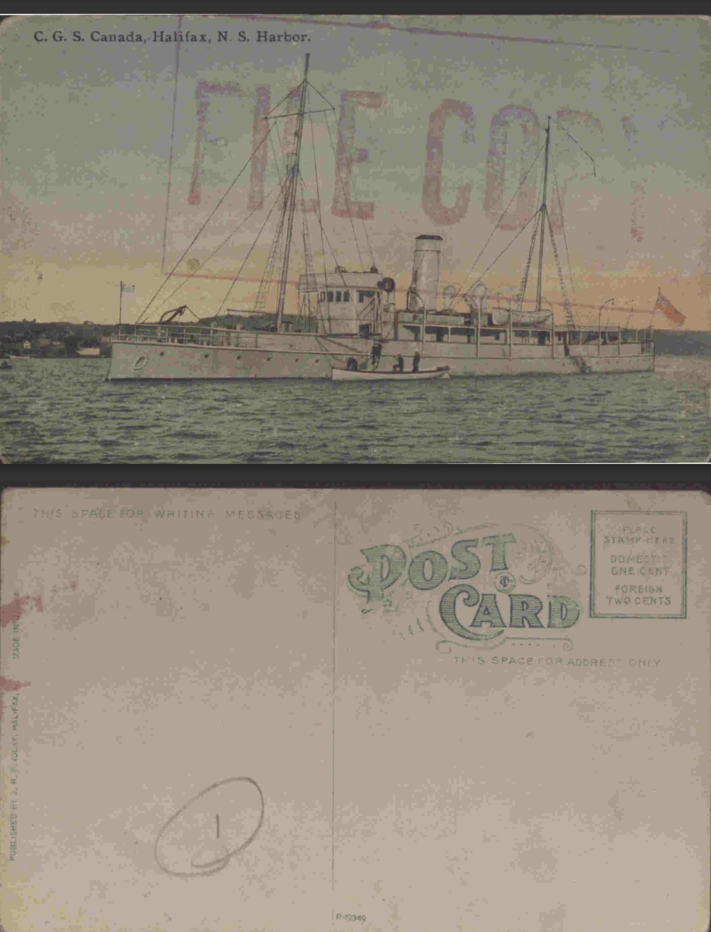 Vintage postcard featuring the C.G.S. Canada ship in Halifax Harbor, Nova Scotia. The card shows the ship at sea with a "FILE COPY" watermark across the image. The reverse side has spaces for a message and address.