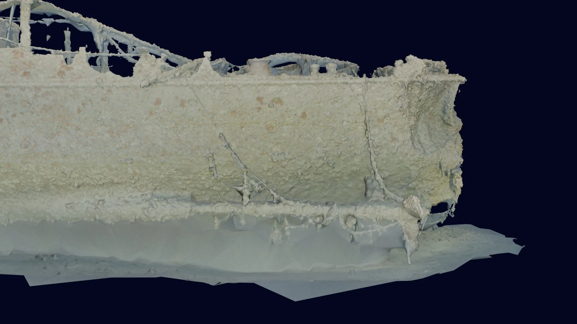 Aft portion of the HMCS Canada photogrammetry model showing evidence of significant sediment scouring by prevailing currents.