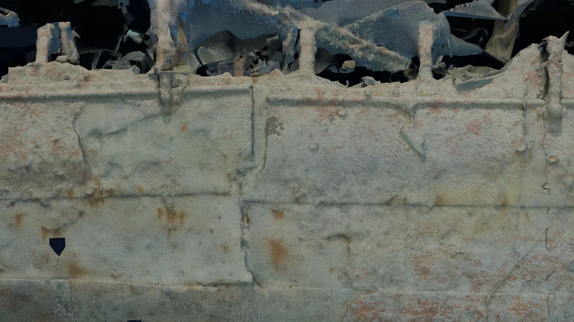 Close-up of the photogrammetry model highlighting hull fracture features on the port side of HMCS Canada.