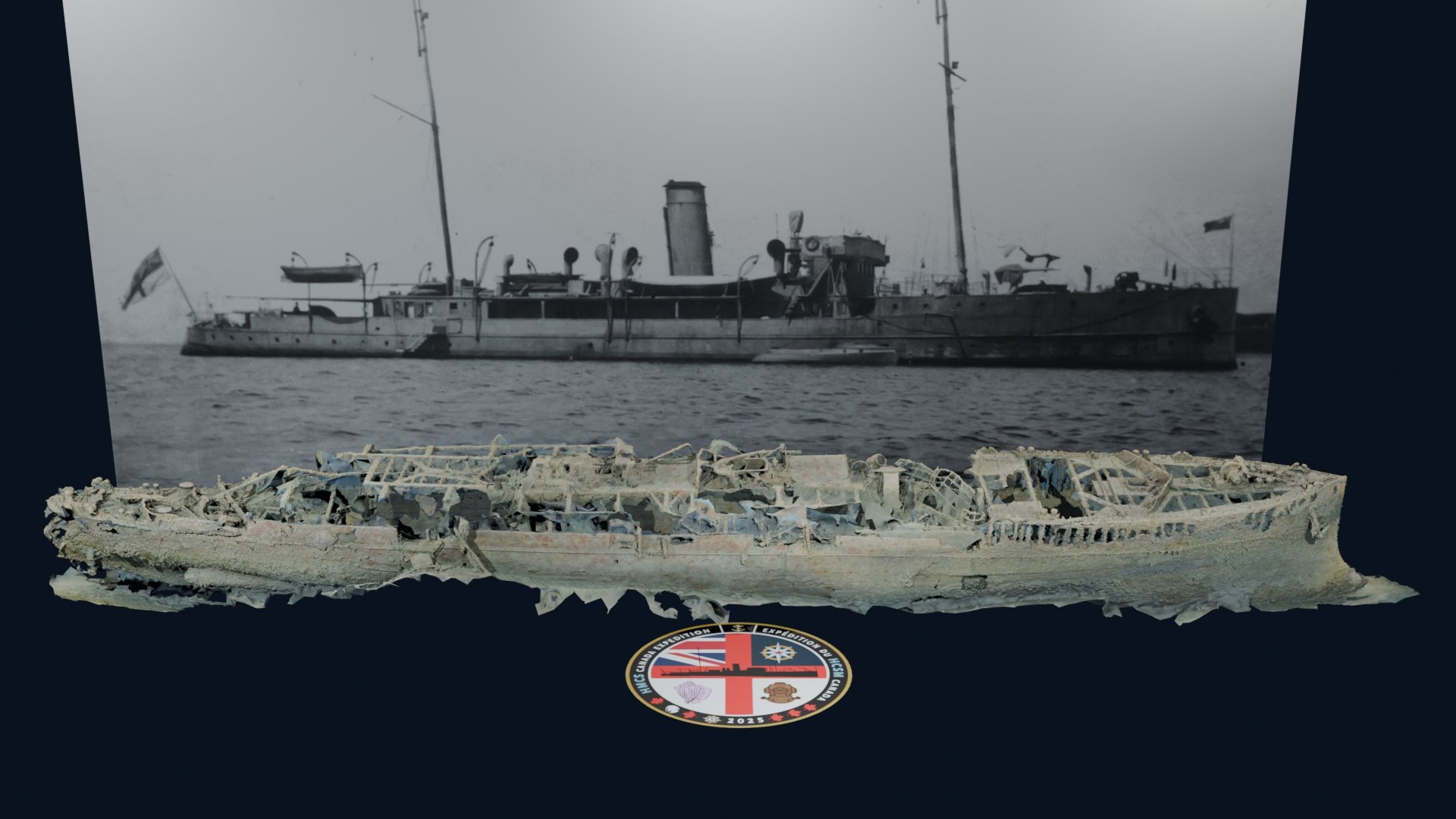 HMCS Canada photogrammetry model viewed from the starboard side, with expedition insignia in the foreground and a historical photograph of HMCS Canada (summer 1918) in the background.