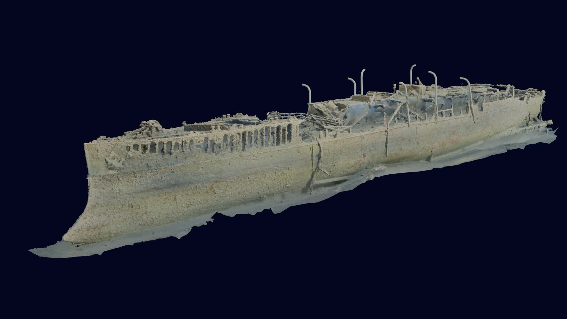 Close-up of the photogrammetry model highlighting hull fracture features on the port side of HMCS Canada.