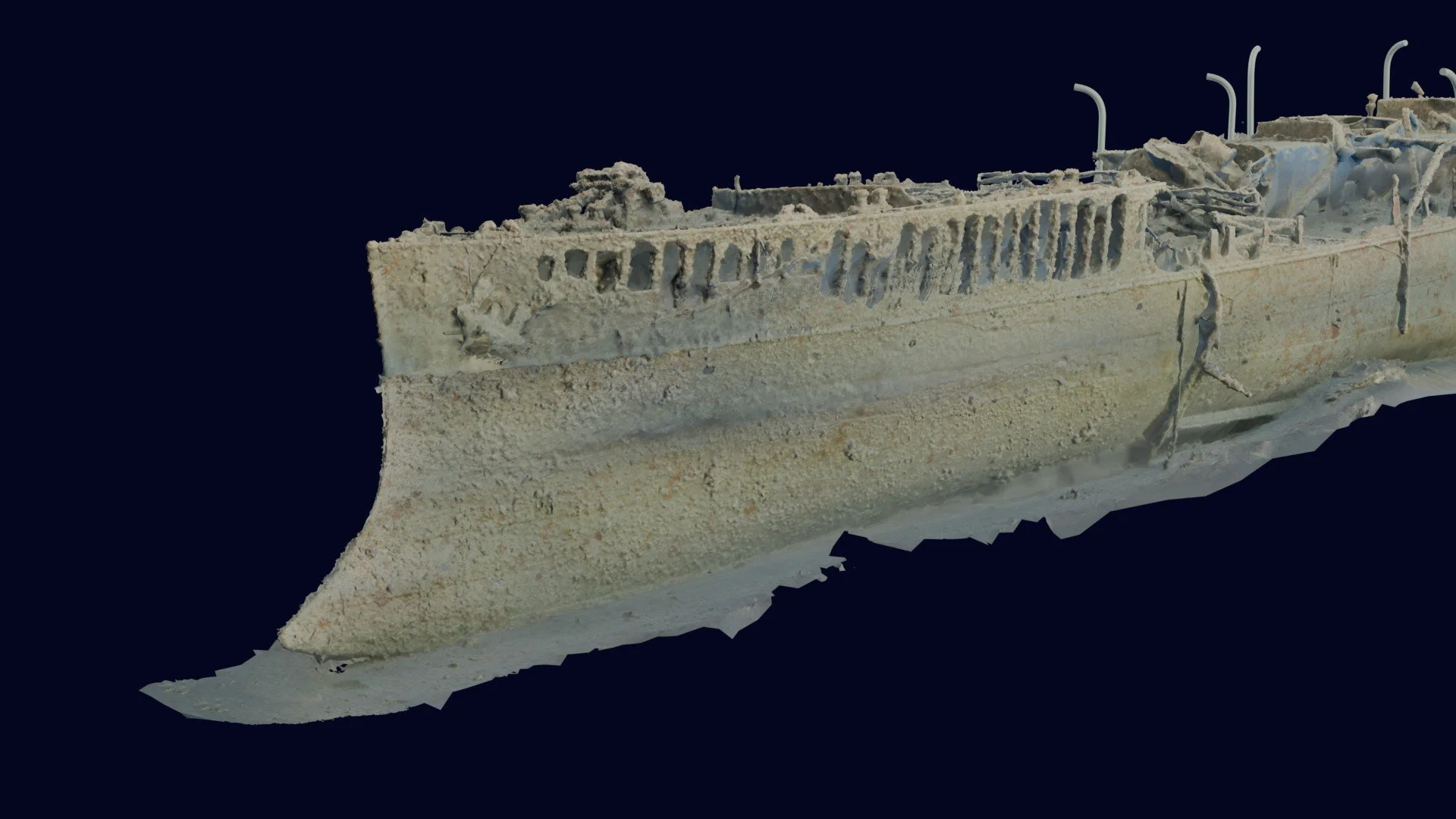HMCS Canada photogrammetry model viewed from the port bow. The anchor and the vessel’s distinctive bow form are visible in the foreground.
