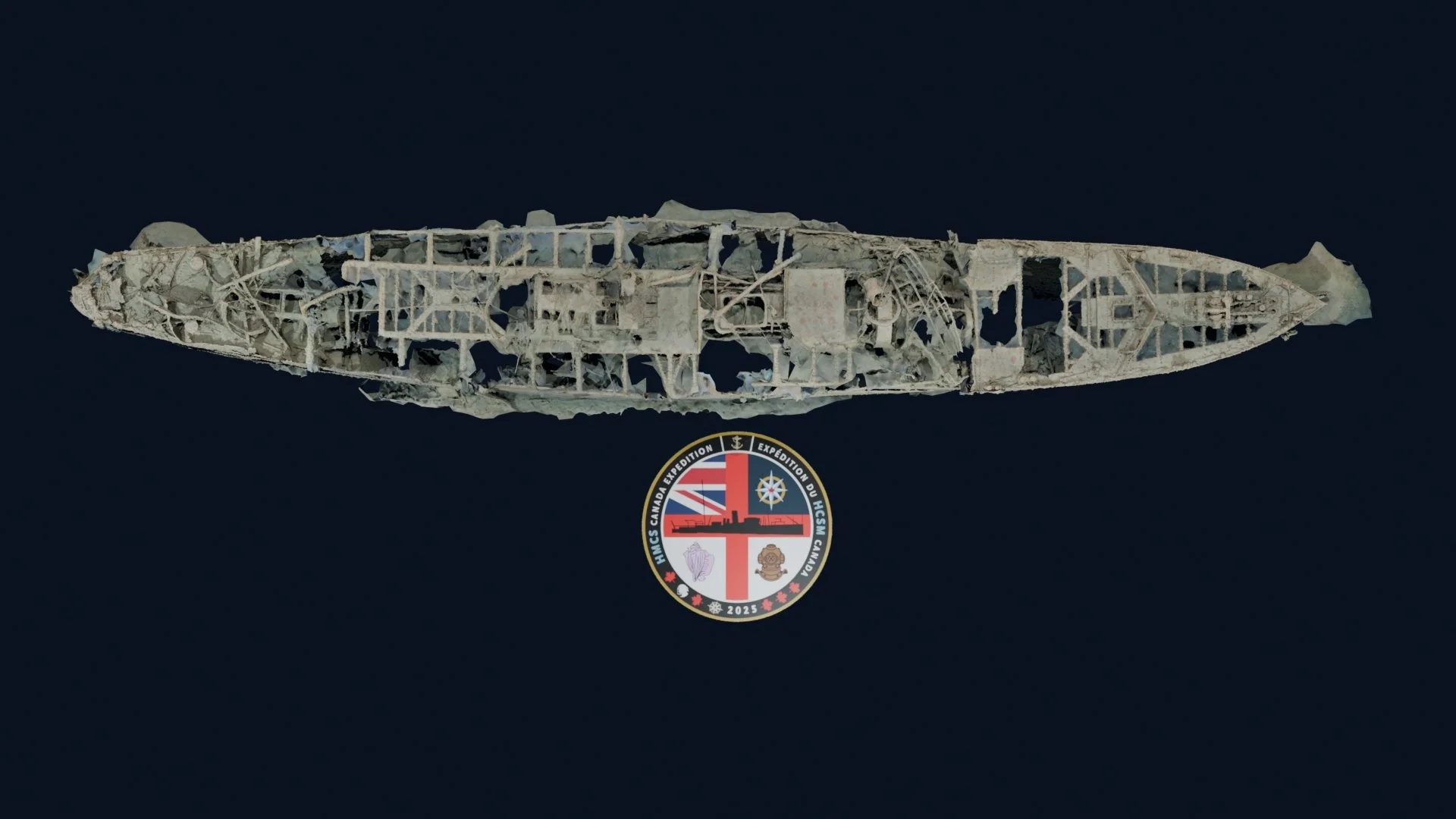 HMCS Canada photogrammetry model viewed from directly above with expedition insignia. Photo credit: Roger Lacasse / HMCS Canada Expedition 2025