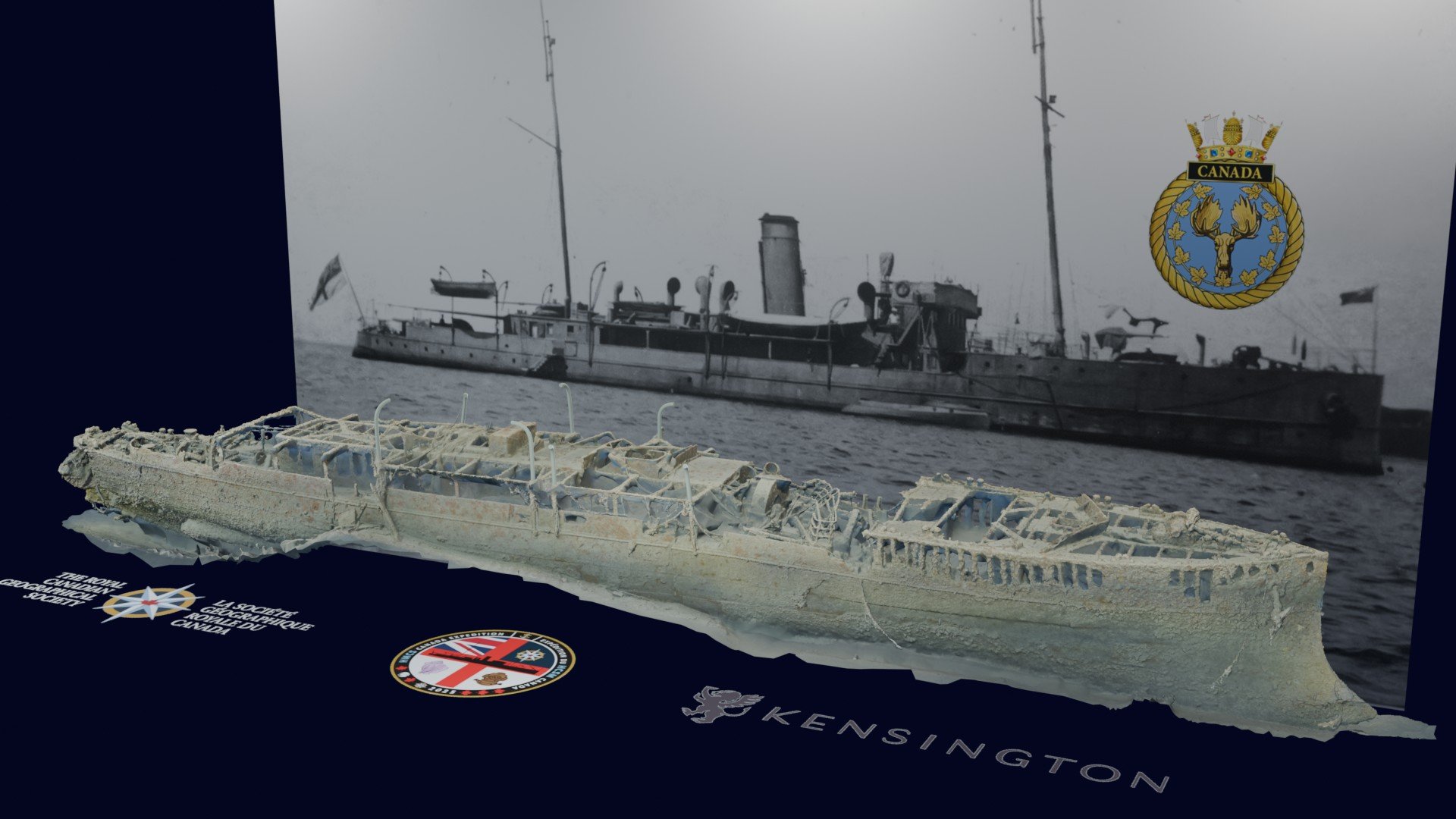 HMCS Canada photogrammetry model viewed from the starboard bow, with expedition insignia in the foreground and a historical photograph of HMCS Canada (summer 1918) in the background.
