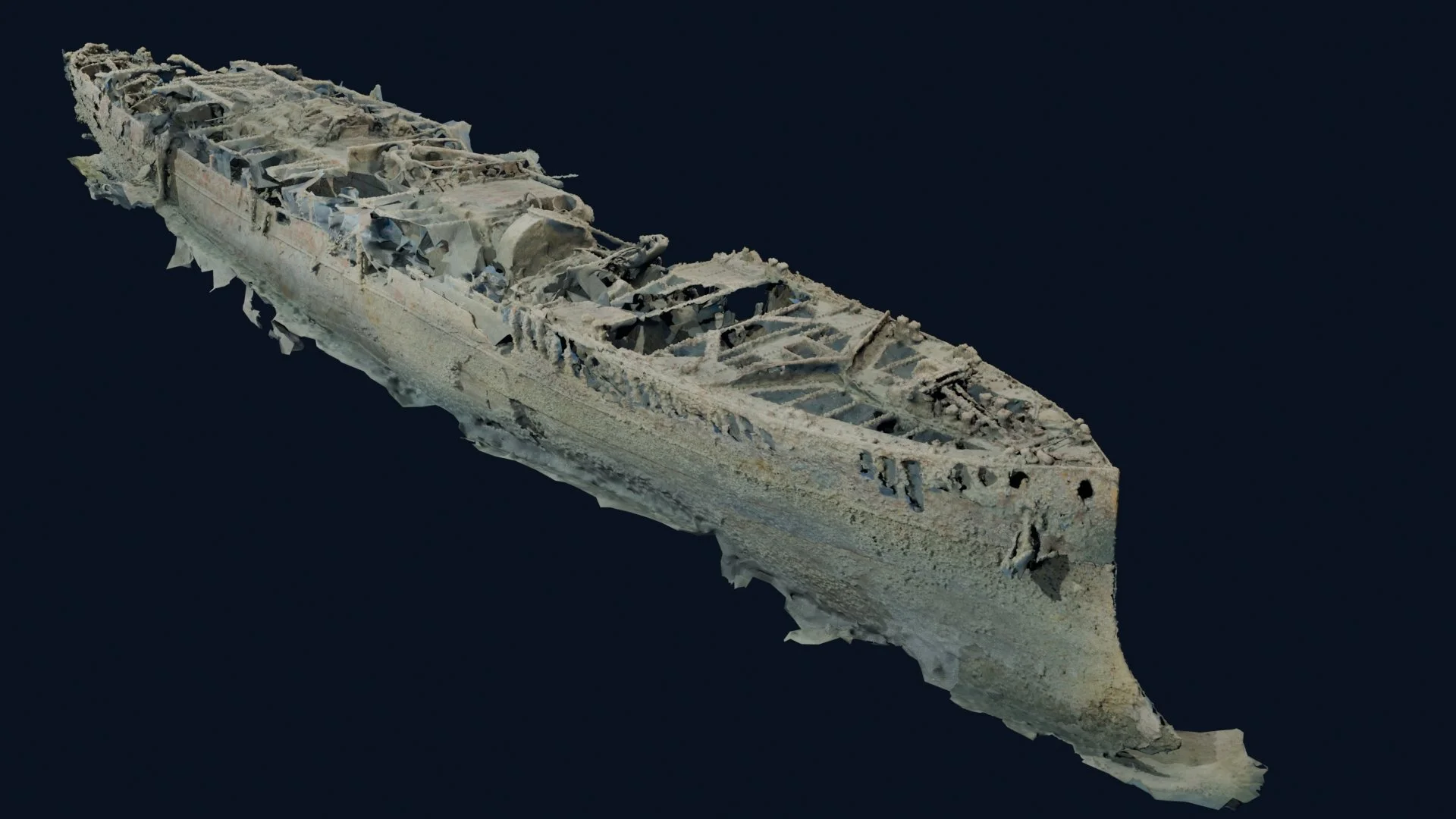 HMCS Canada photogrammetry model viewed from the starboard bow. The anchor and the vessel’s distinctive bow shape are visible in the foreground.