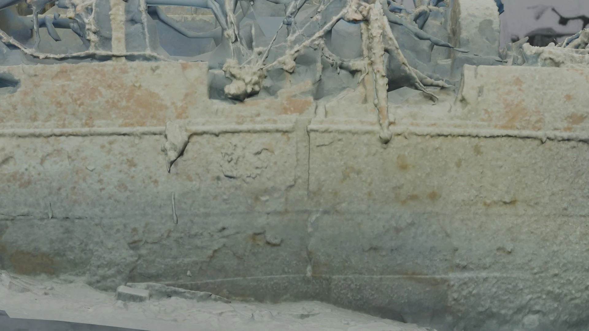 Close-up of the photogrammetry model highlighting hull fracture features on the port side of HMCS Canada.