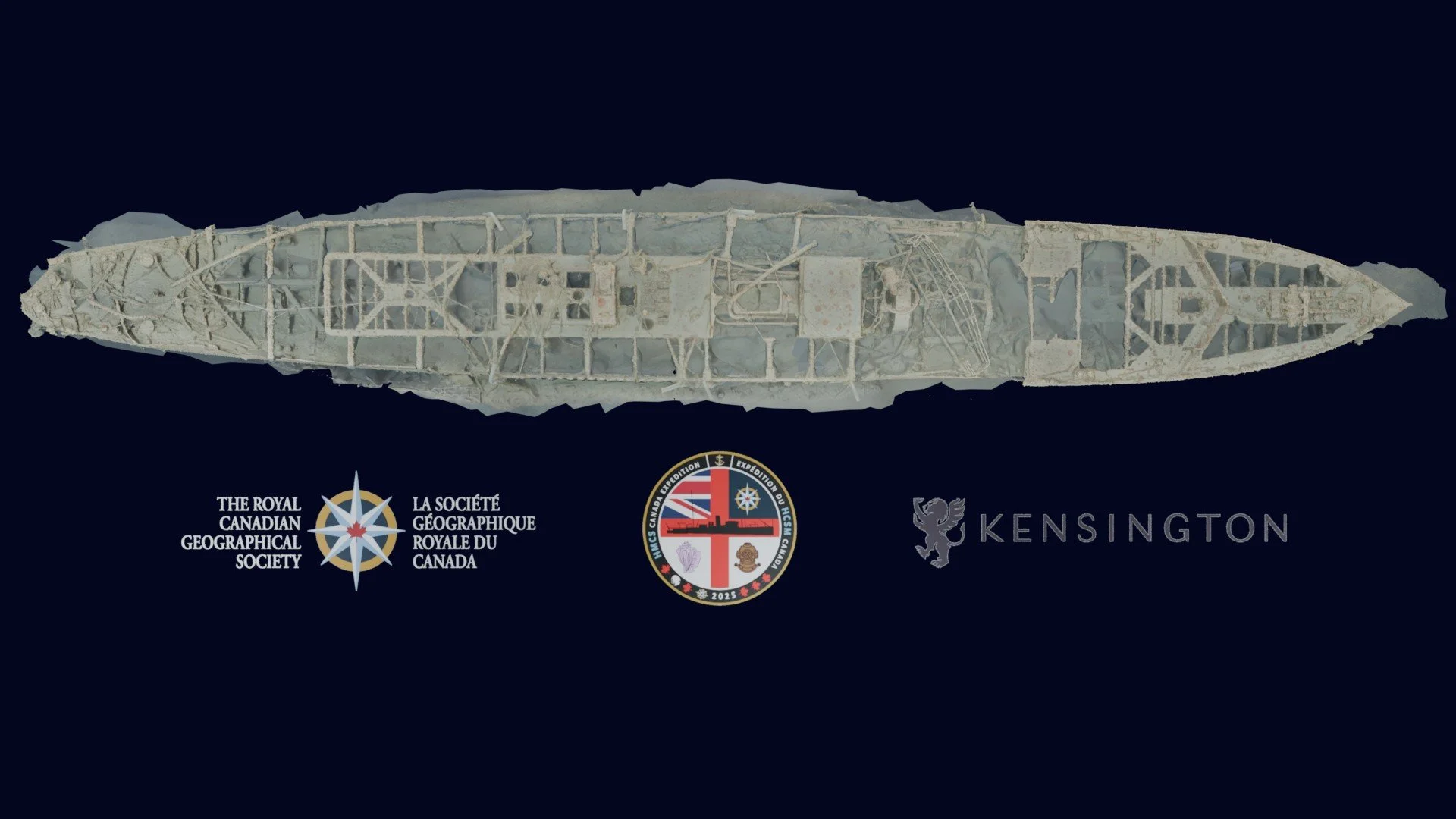 HMCS Canada photogrammetry model viewed from directly above with expedition insignia.