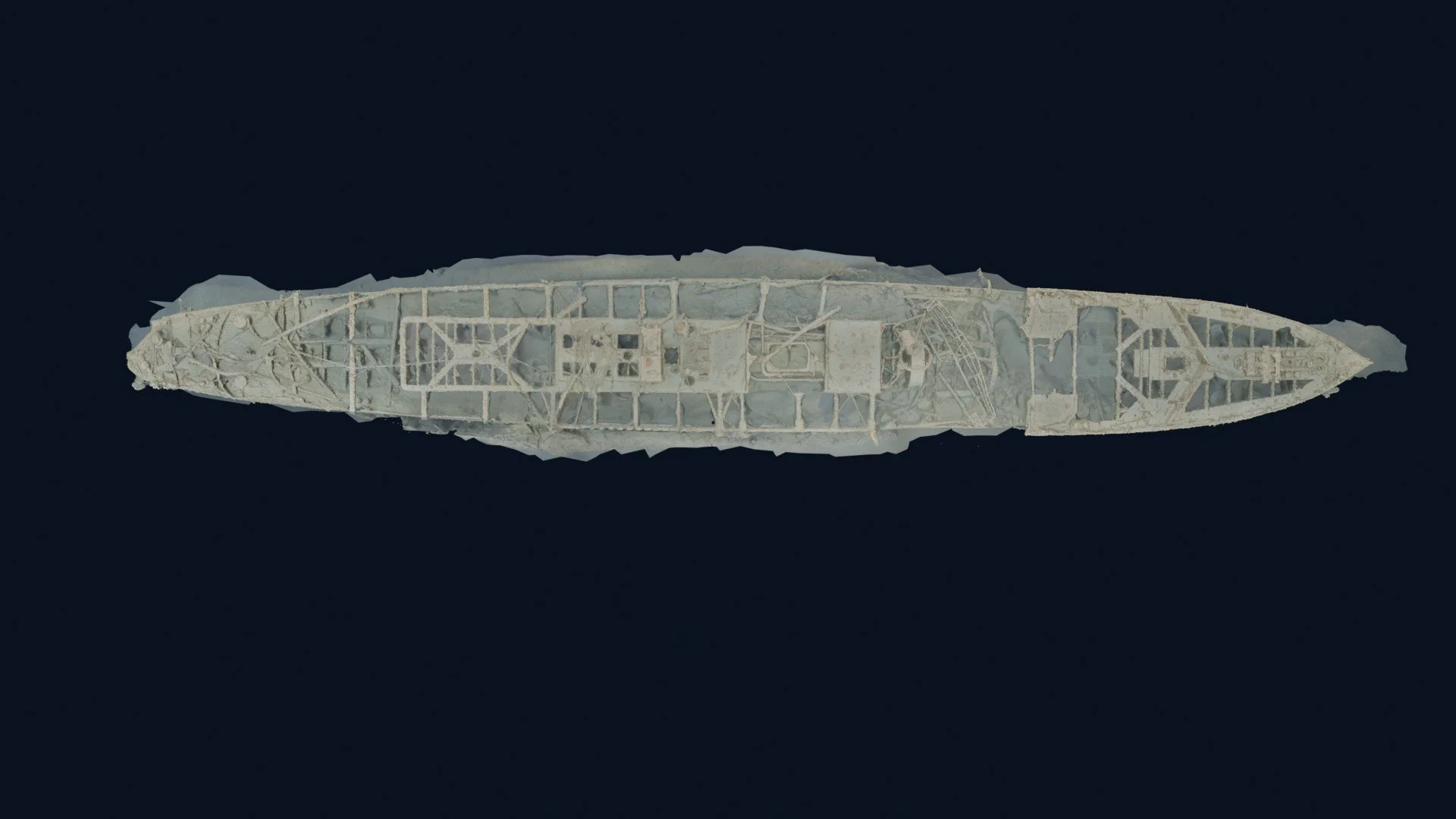 HMCS Canada photogrammetry model viewed from directly above, revealing internal framing and collapsed deck structures.