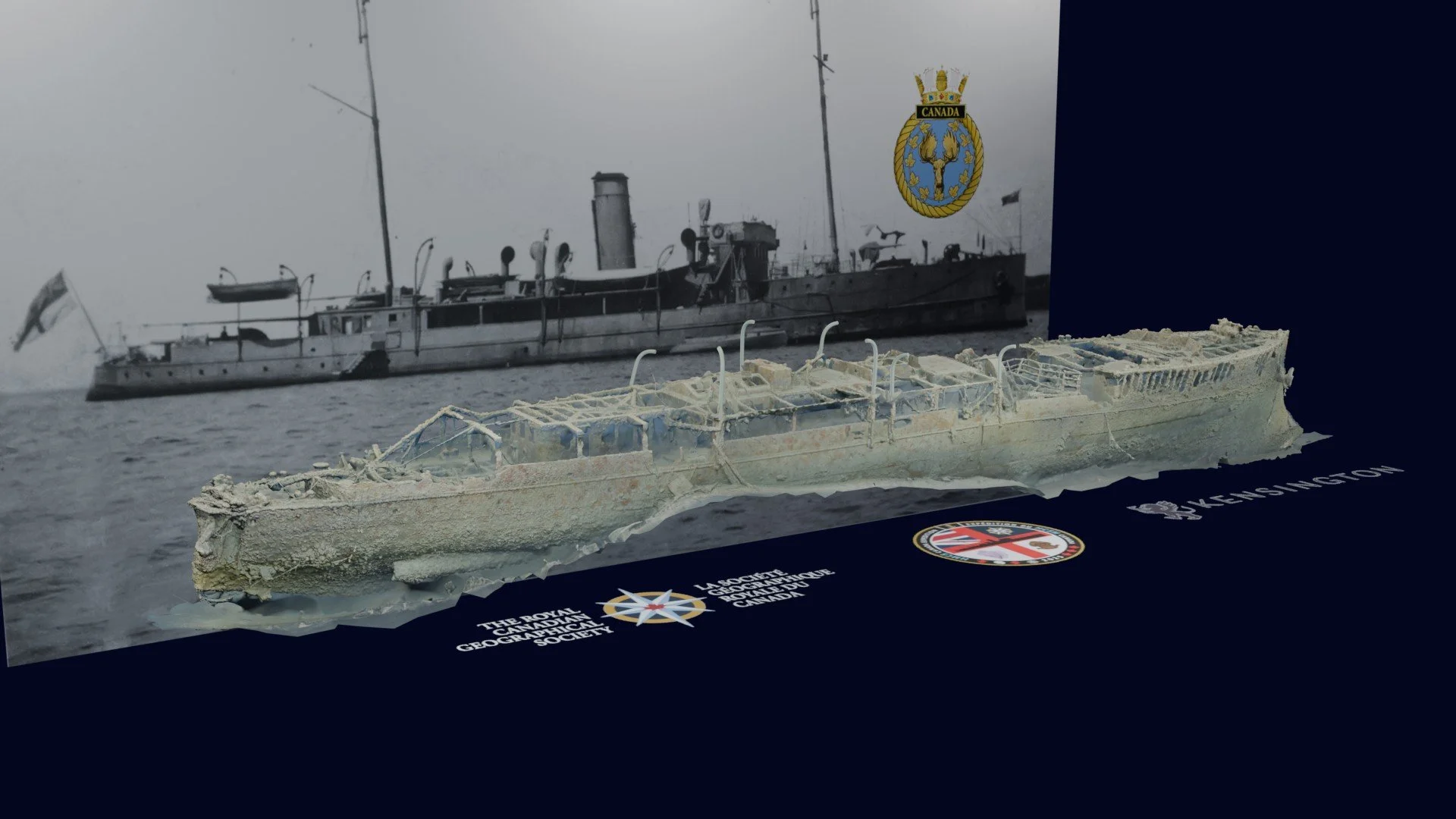 HMCS Canada photogrammetry model viewed from the starboard stern, with expedition insignia in the foreground and a historical photograph of HMCS Canada (summer 1918) in the background.