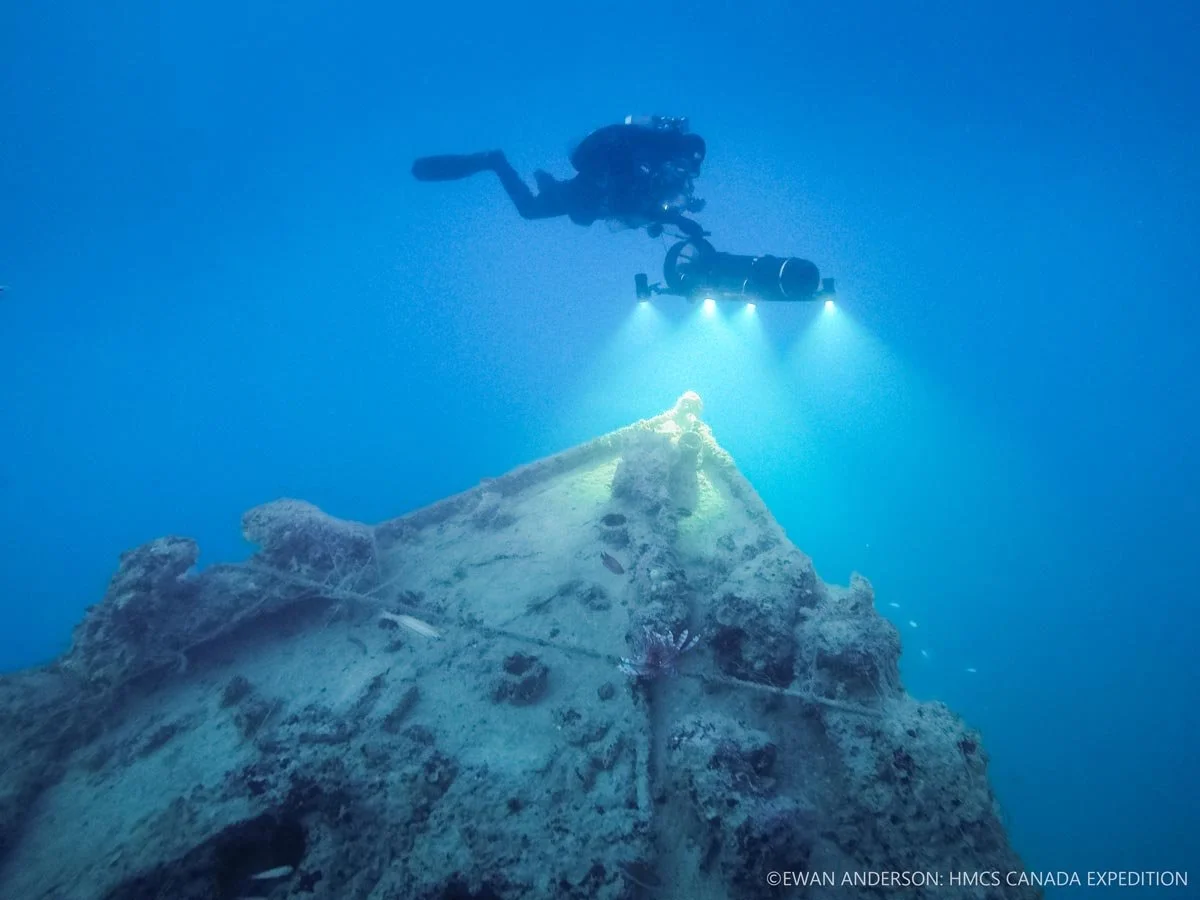 Roger Lacasse uses the photogrammetry sled to capture imagery of the bow of HMCS Canada at a depth exceeding 60 m (200 feet).