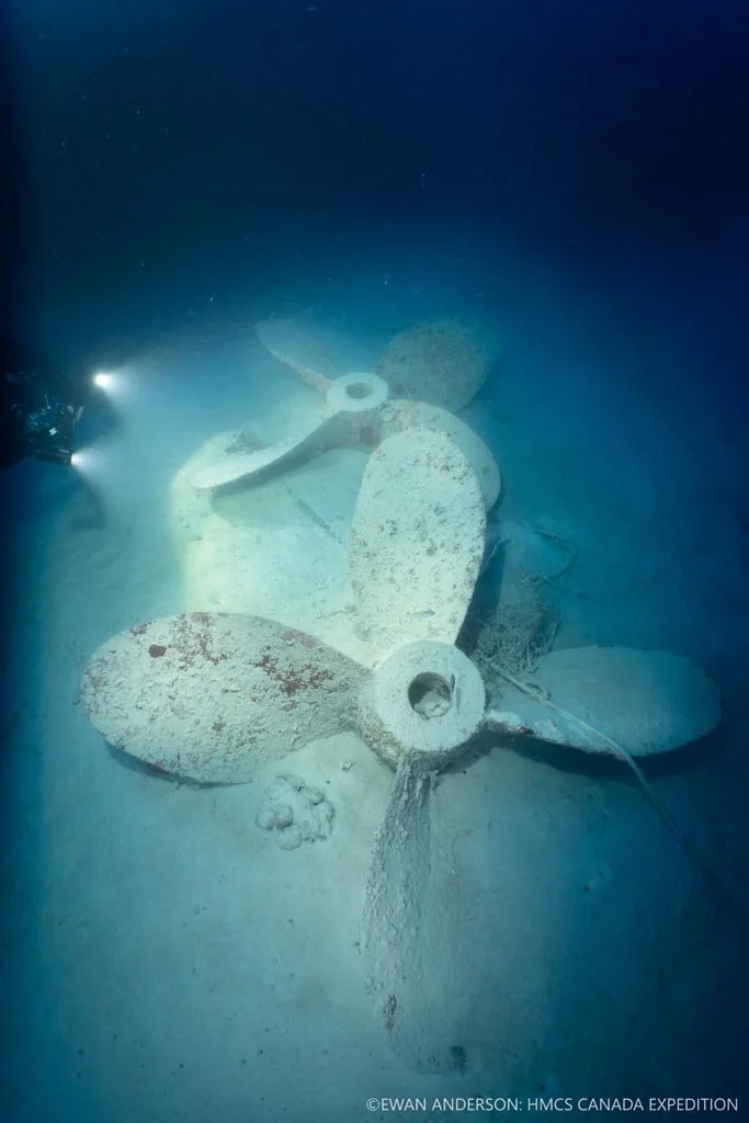 Two spare propellers resting on the seafloor at 69 m (225 feet) near the stern of the wreck site. A modern boat anchor, chain, rope, and fishing line are entangled around the heavy propellers.