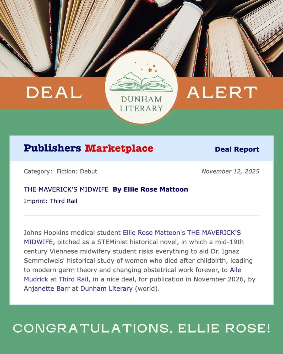 🚨 New Deal Alert! 🚨

Congratulations to Ellie Rose Mattoon and Anjanette Barr for their deal with Alle Mudrick of Third Rail Press on THE MAVERICK'S MIDWIFE, to be published in November 2026.

@ellierosemattoon @bookbarrista @allemudrick