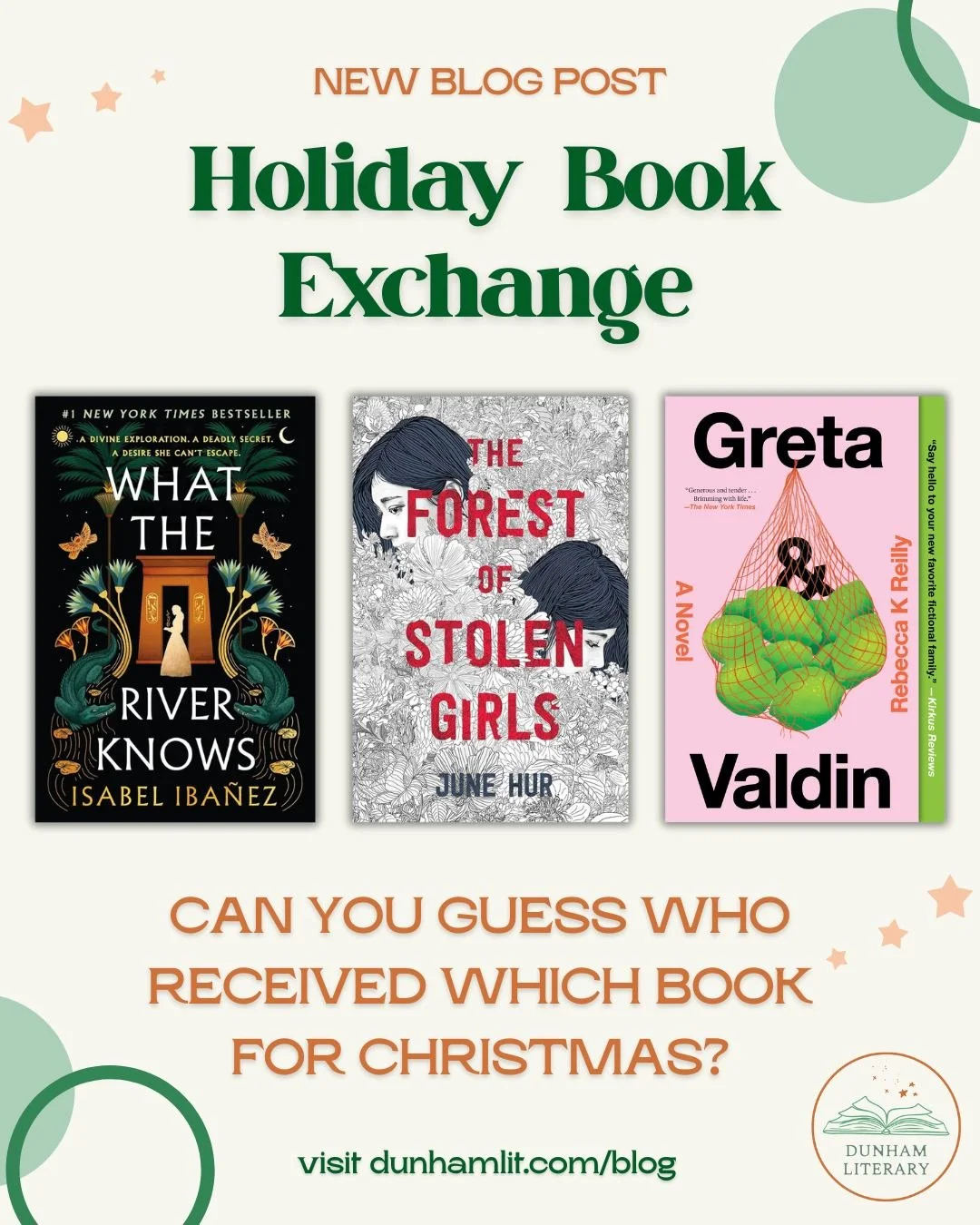 For Christmas, Jennie, Anjanette, and Lee bought each other books! Can you guess who received which book? 

Check out our blog post at dunhamlit.com/blog to see if you are correct, and read to find out why we chose these books and what we thought of 