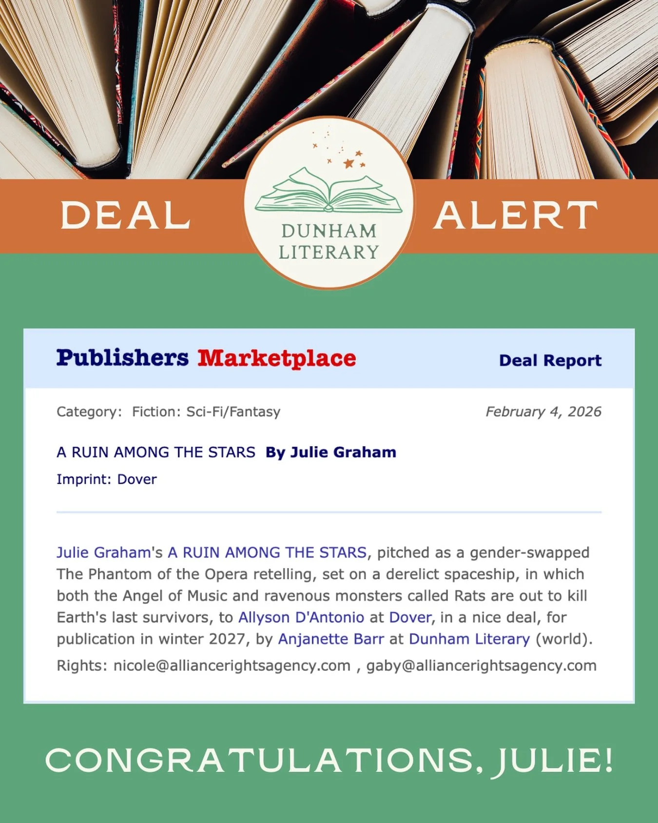 🚨 New Deal Alert! 🚨 

Congratulations to Julie Graham and Anjanette Barr for their deal with Allyson D&rsquo;Antonio at Dover, for A RUIN AMONG THE STARS, to be published winter 2027!

@juliegrahambooks @bookbarrista