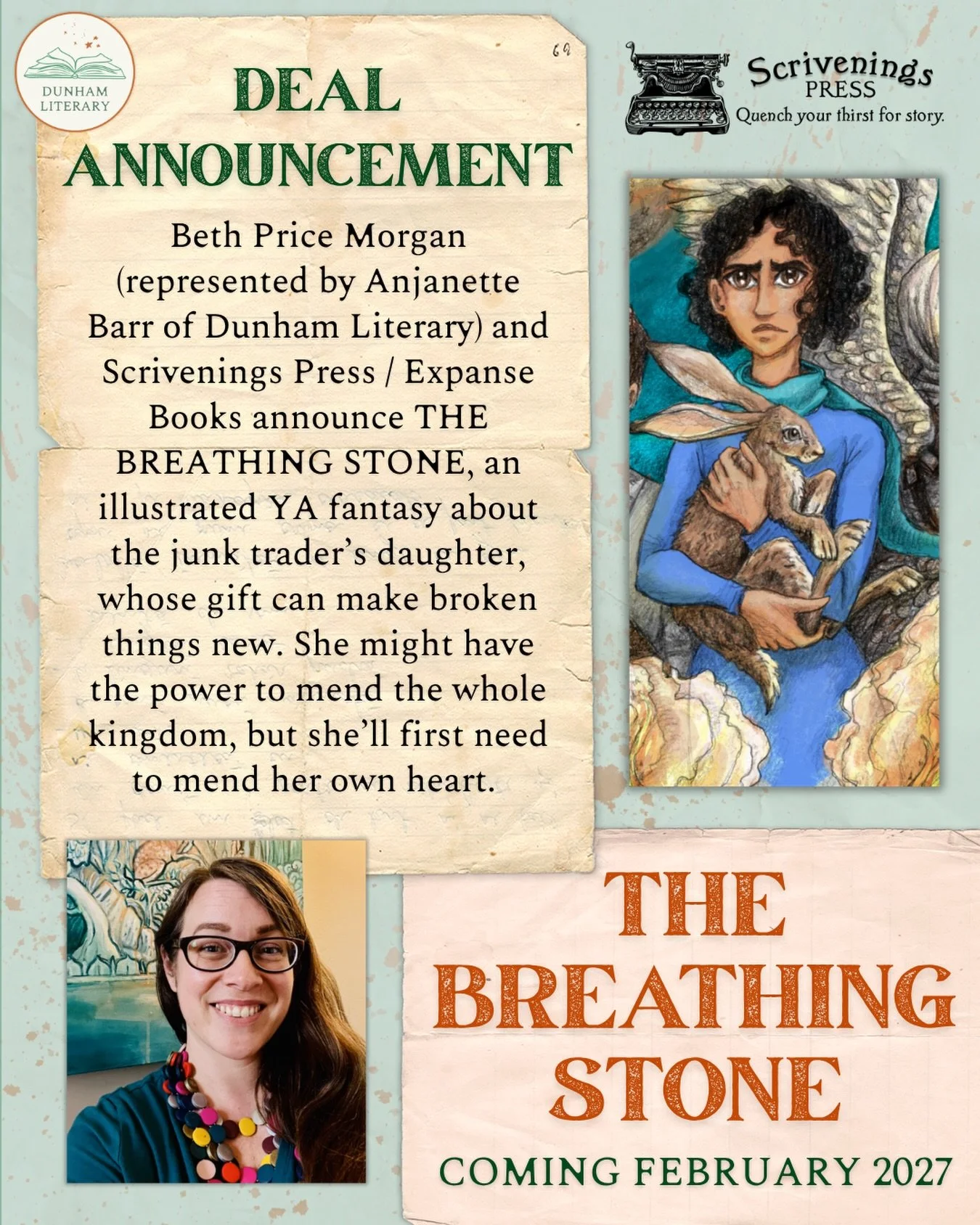 ✨ New Deal Alert! ✨

Congratulations to Beth Price Morgan and Anjanette Barr on their deal with Scrivenings Press / Expanse Books for THE BREATHING STONE, an illustrated YA fantasy novel, to be published in February 2027. 

We&rsquo;re so excited to 