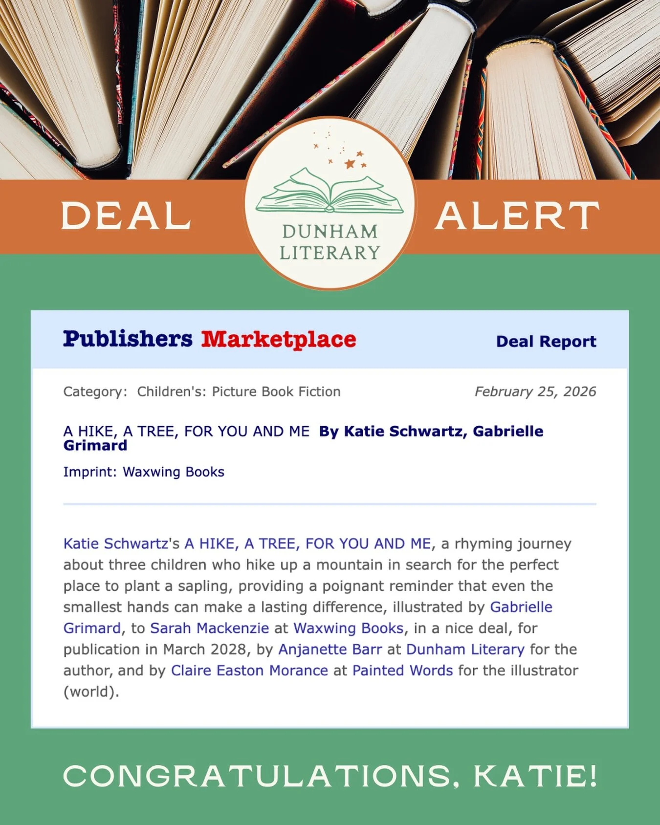 🚨 New Deal Alert! 🚨

Congratulations to Katie Schwartz and Anjanette Barr for their latest deal with Waxwing Books for A HIKE, A TREE, FOR YOU AND ME, to be published March 2028!

@schwartz6462 @bookbarrista @waxwing.books