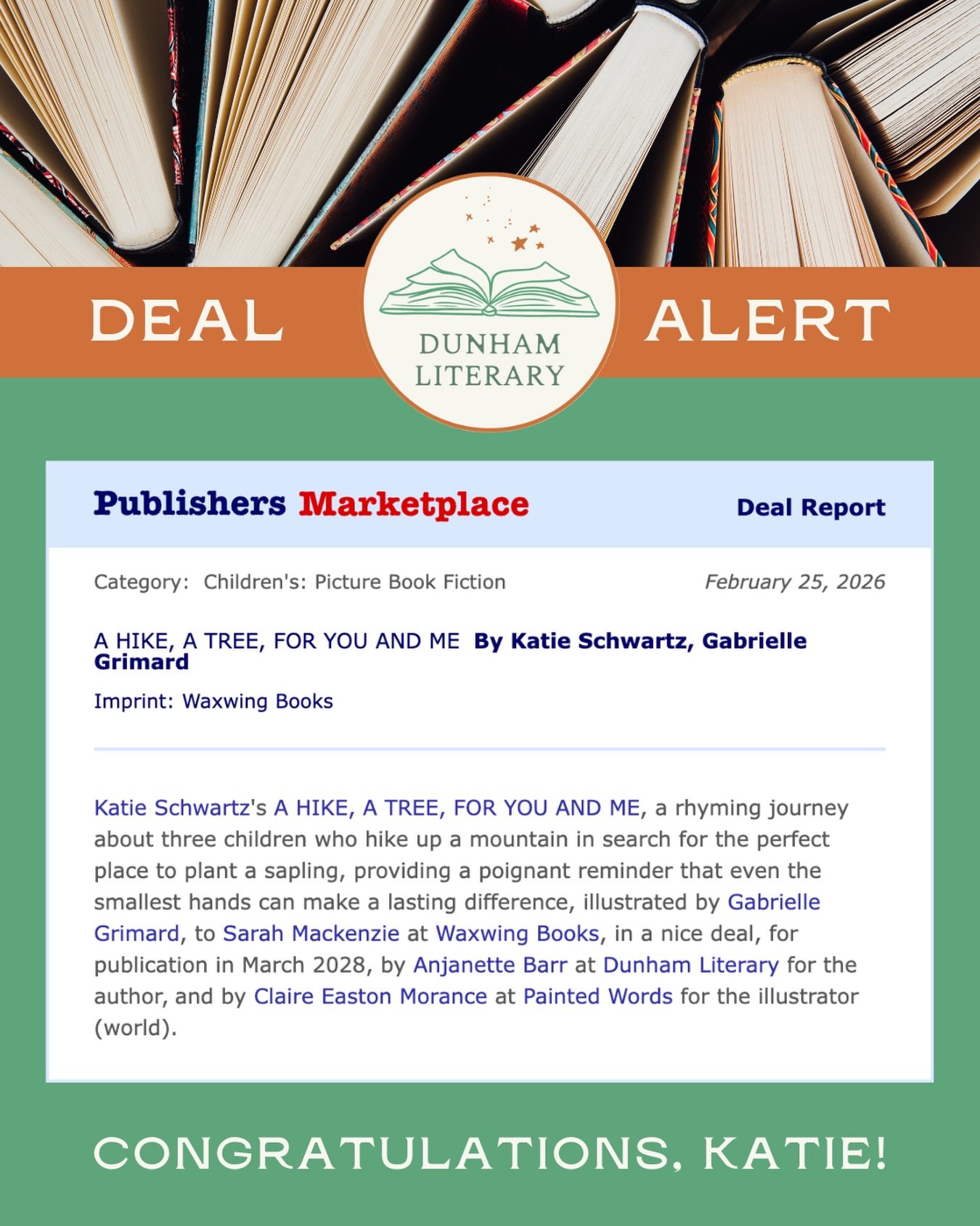 🚨 New Deal Alert! 🚨

Congratulations to Katie Schwartz and Anjanette Barr for their latest deal with Waxwing Books for A HIKE, A TREE, FOR YOU AND ME, to be published March 2028!

@schwartz6462 @bookbarrista @waxwing.books