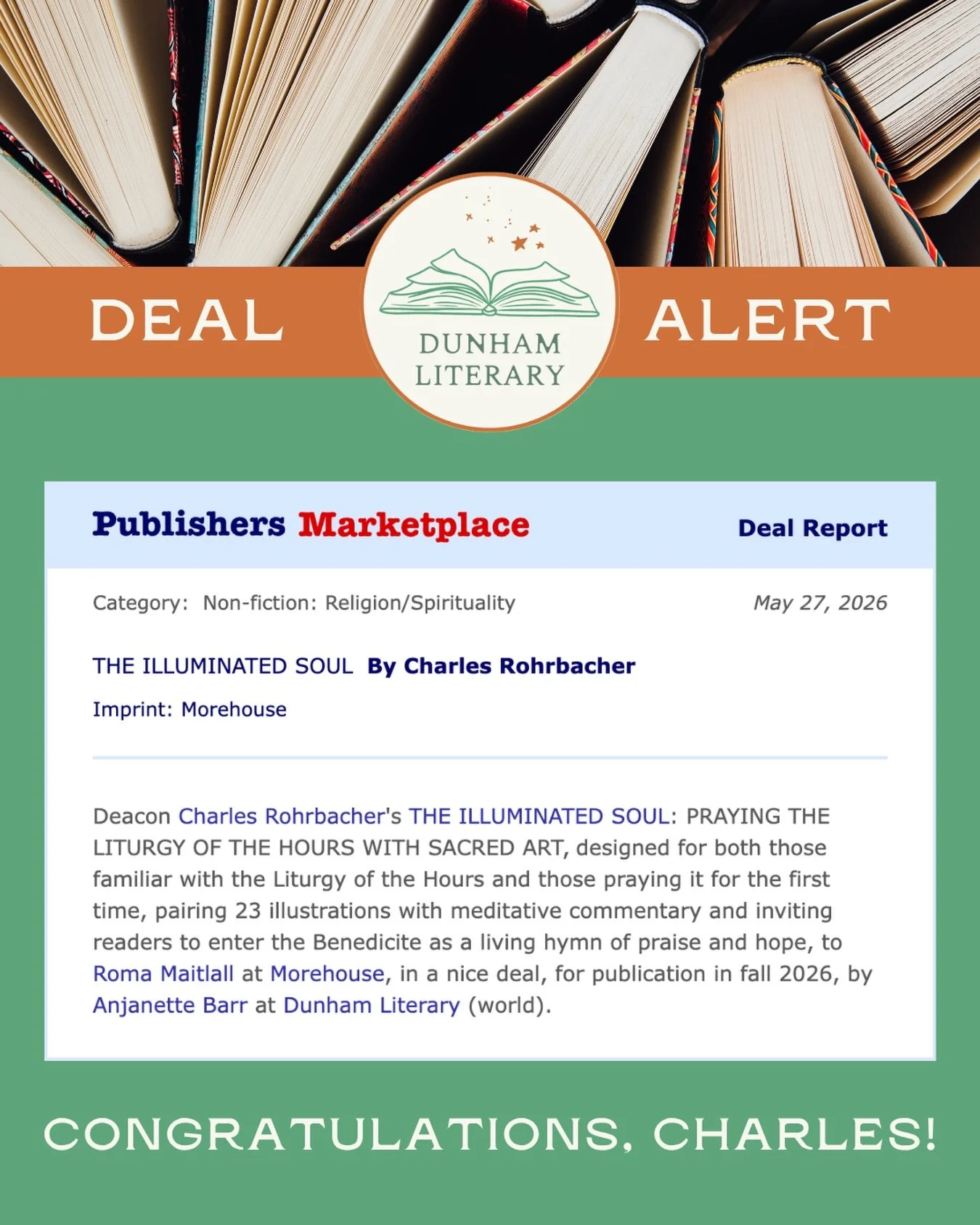 🚨 New Deal Alert! 🚨

Congratulations to Charles Rohrbacher and Anjanette Barr for their latest deal with Morehouse for THE ILLUMINATED SOUL, to be published this fall!

@bookbarrista