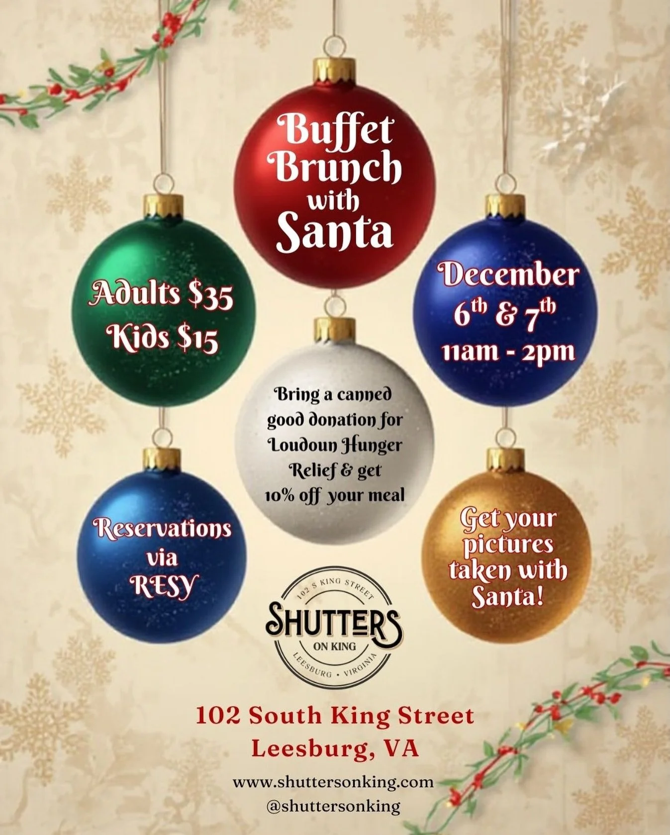 🎄Brunch with Santa! 🎄
Saturday &amp; Sunday, Dec. 6&ndash;7 | 11 a.m.&ndash;2 p.m.
Buffet-style brunch favorites, family fun, and get your pictures taken with Santa himself.
Bring a canned good for @loudounhunger and enjoy 10% off your meal.
&rsquo