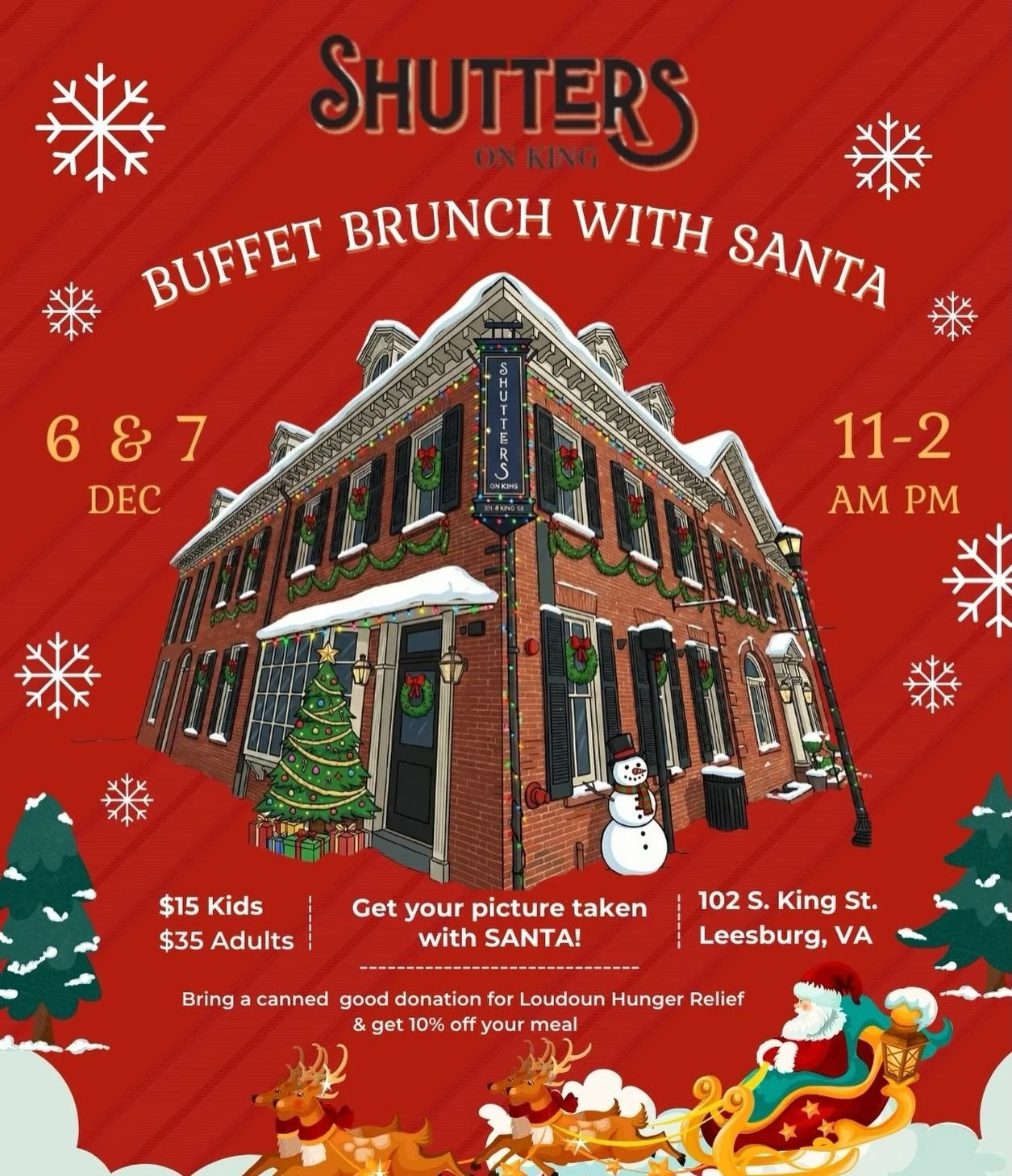 This weekend!
❄️🎄Brunch with Santa! 🎄❄️
Saturday &amp; Sunday, Dec. 6-7 | 11 a.m.-2 p.m.
Buffet-style brunch featuring all of your favs, plus get your picture taken with Santa!
Bring a canned good for @loudounhunger and enjoy 10% off your meal.
Fun