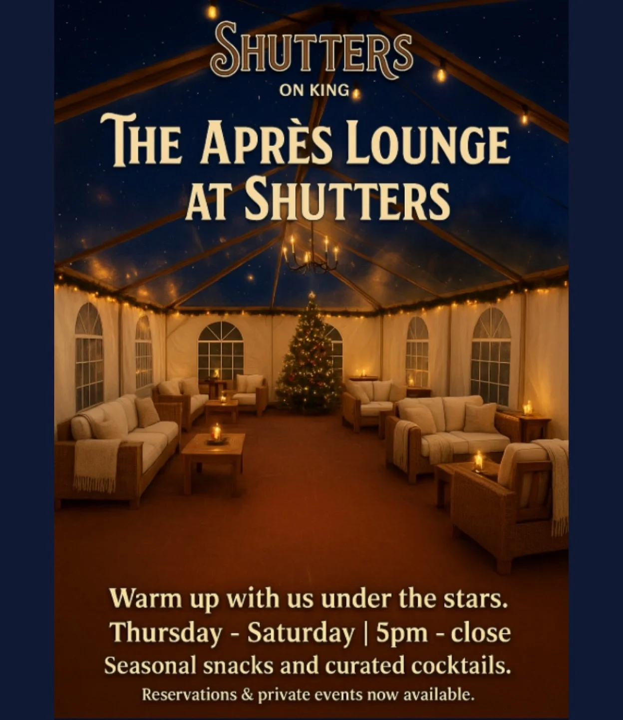Here&rsquo;s a polished version with clean grammar, smoother flow, and a warm, inviting tone while keeping your voice intact:

It&rsquo;s not officially Christmas until you&rsquo;ve had a drink at our 🎄🥃 Apr&egrave;s Lounge! ❄️🎄
Starting December 