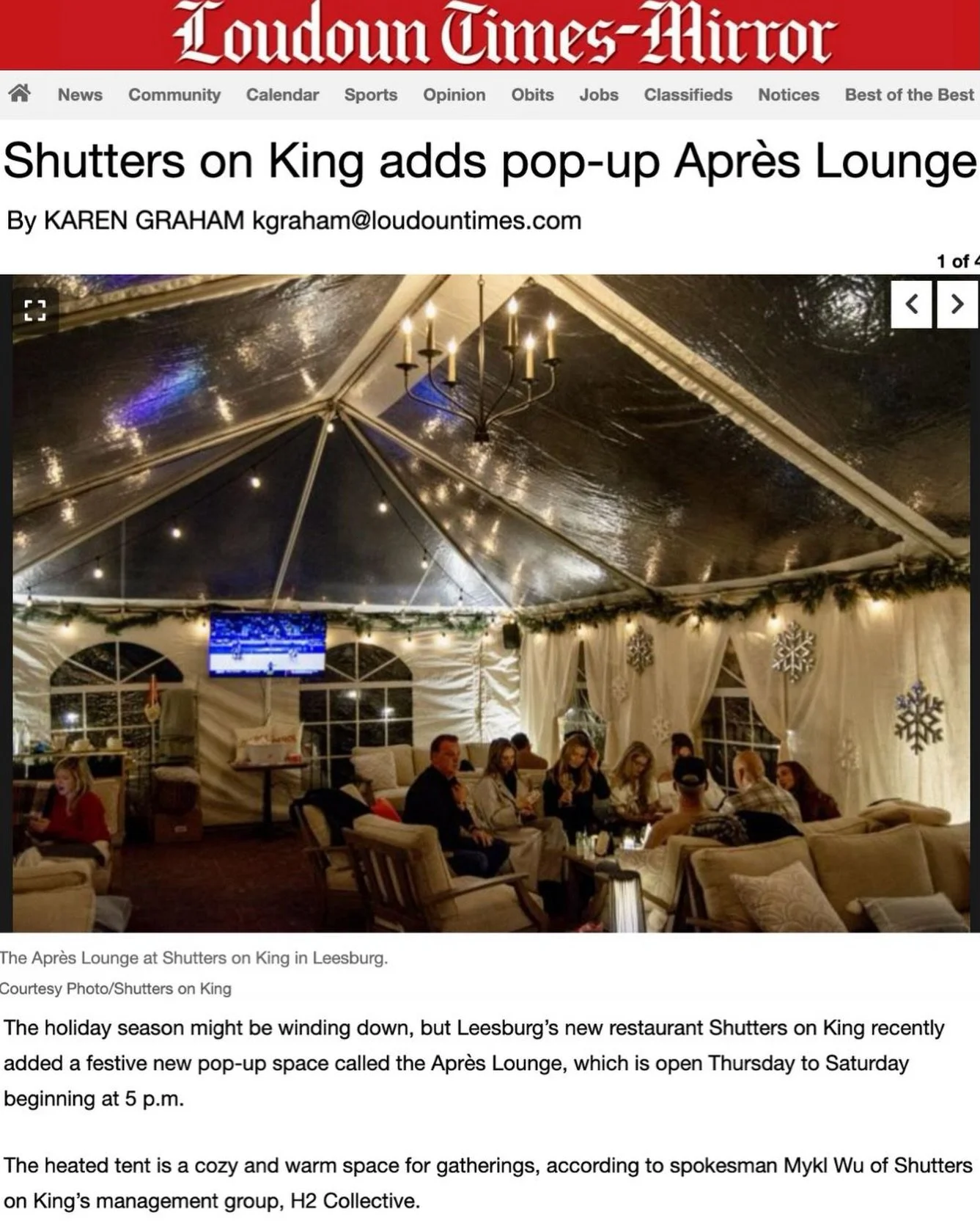 Much love to @karenggraham &amp; @loudountimes featuring our Apr&egrave;s Lounge! 
Plenty of 🎿🥃❄️ ahead for the szn. Join us every Thursday - Saturday from 5pm til close for themed cocktails, s&rsquo;mores and more!
#LeesburgVA