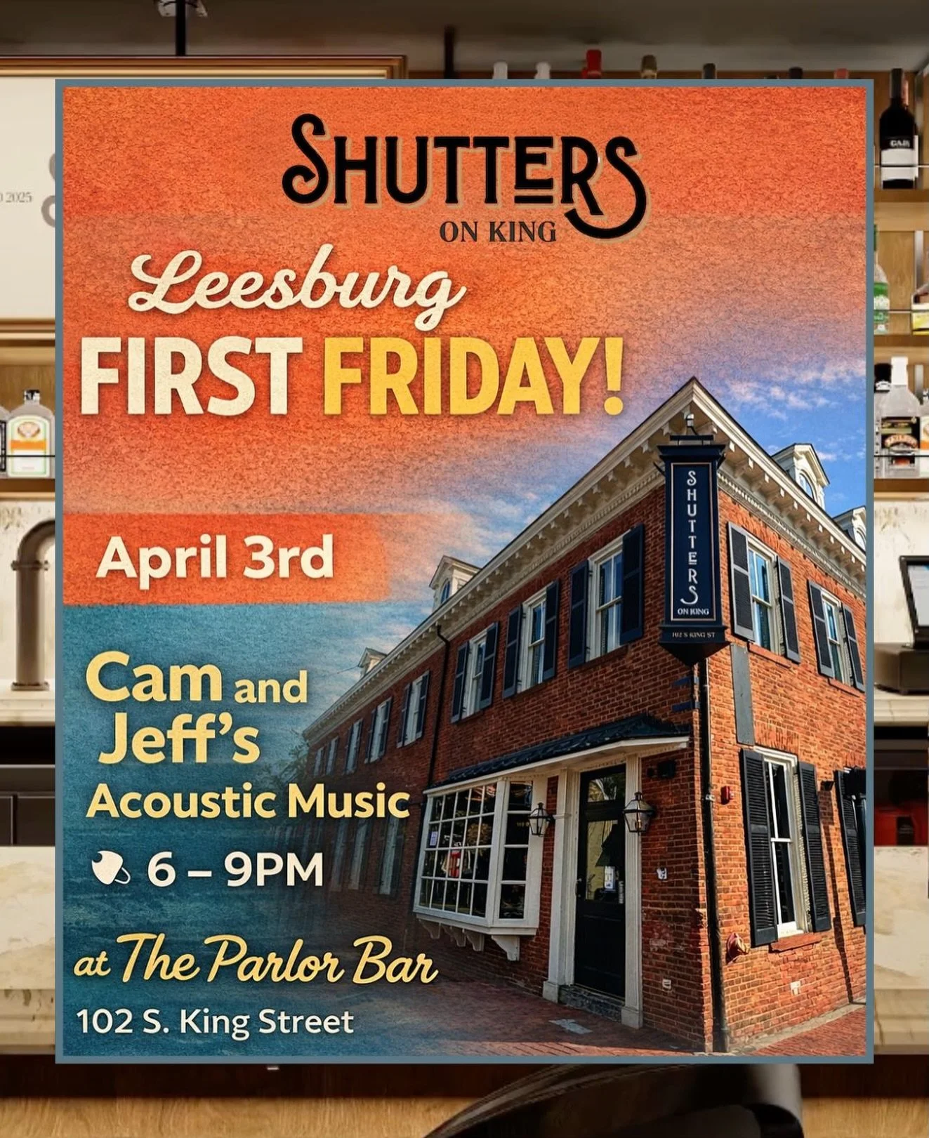 Save the date! On Friday April 3rd, join us for a fantastic evening of food, drinks, and live music featuring @cameronmaready &amp; @weepingwillowstudios at our upstairs Parlor Bar. 6 - 9pm. No cover!
#leesburgfirstfriday