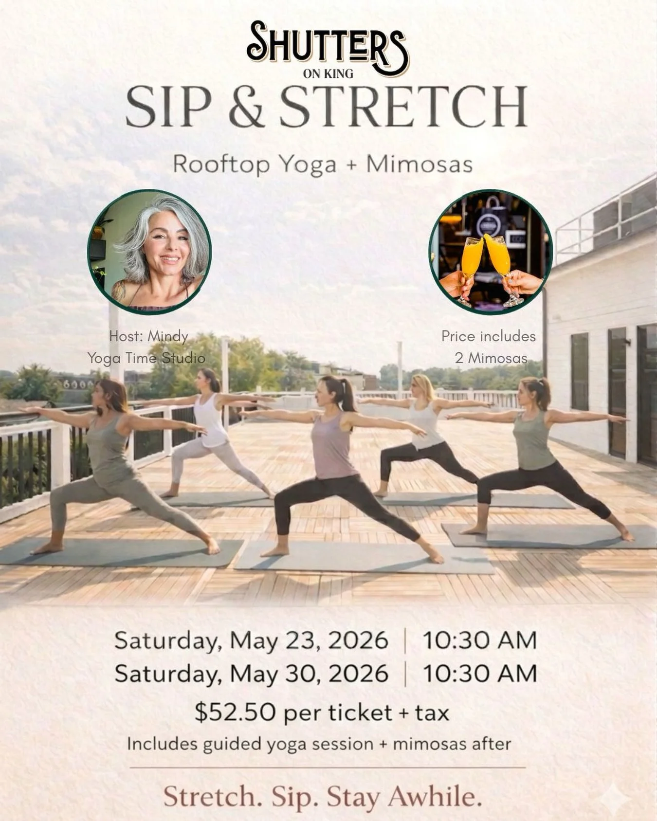 Join us and host Mindy from @theyogatimeva for a lovely morning of rooftop yoga followed mimosas! 
Your ticket includes the yoga session (we will also provide the mats), and 2 of our delicious mimosas! 
Spaces are limited. Get your ticket via @resy t