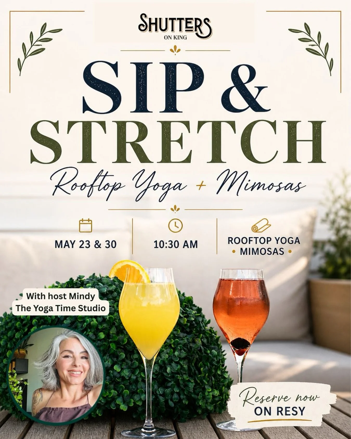 Join us and host Mindy from The Yoga Time for a lovely morning of rooftop yoga followed by mimosas!
Your ticket includes the yoga session (we will also provide the mats), and 2 of our delicious mimosas! 
Spaces are limited. Get your tickets via @Resy