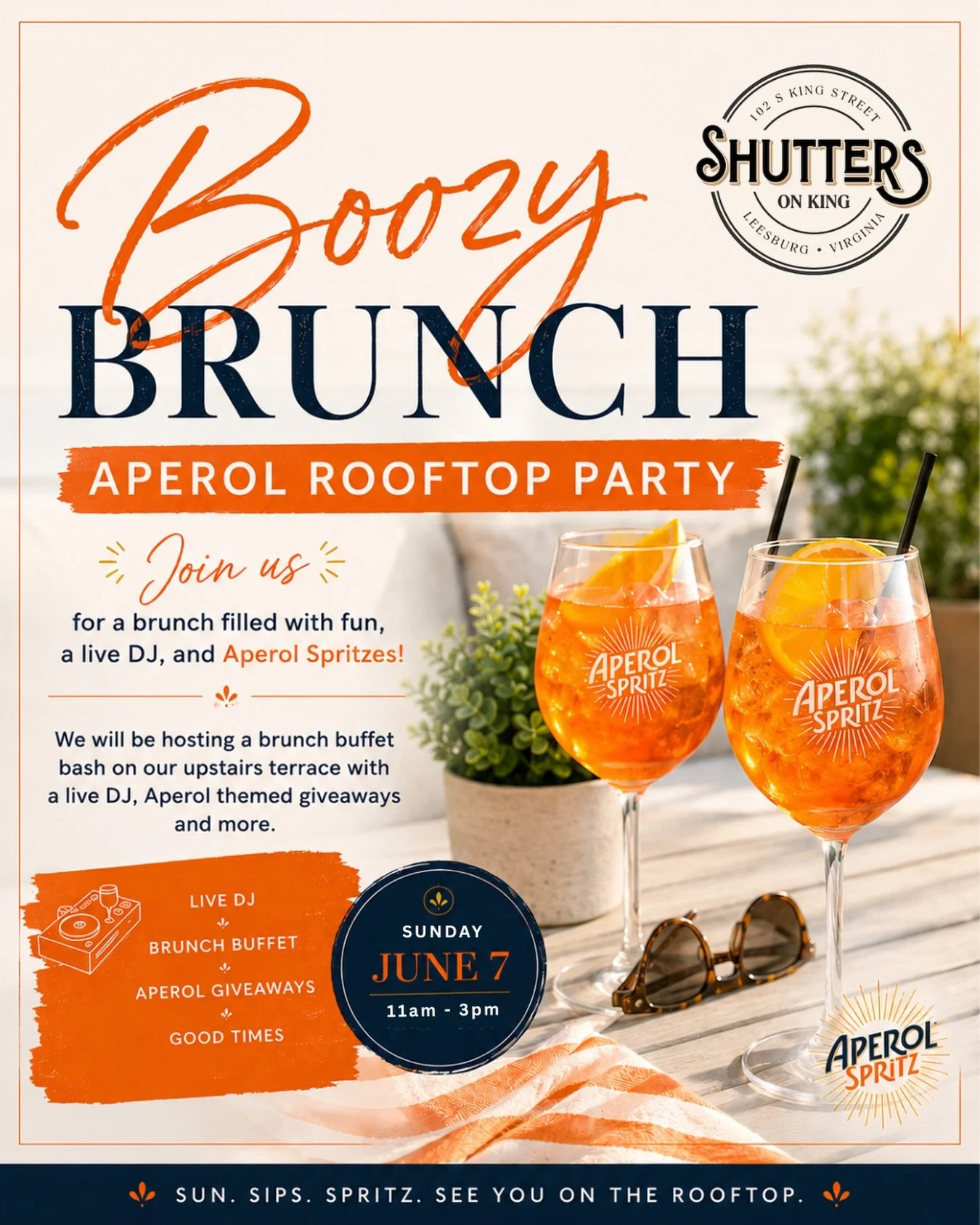 Save the date! Sunday June 7th - time for a boozy rooftop brunch party!
Join us for a brunch filled with fun, a live DJ, and @aperolspritzofficial!
We will be hosting a brunch buffet on our upstairs terrace with a live DJ, Aperol themed giveaways and