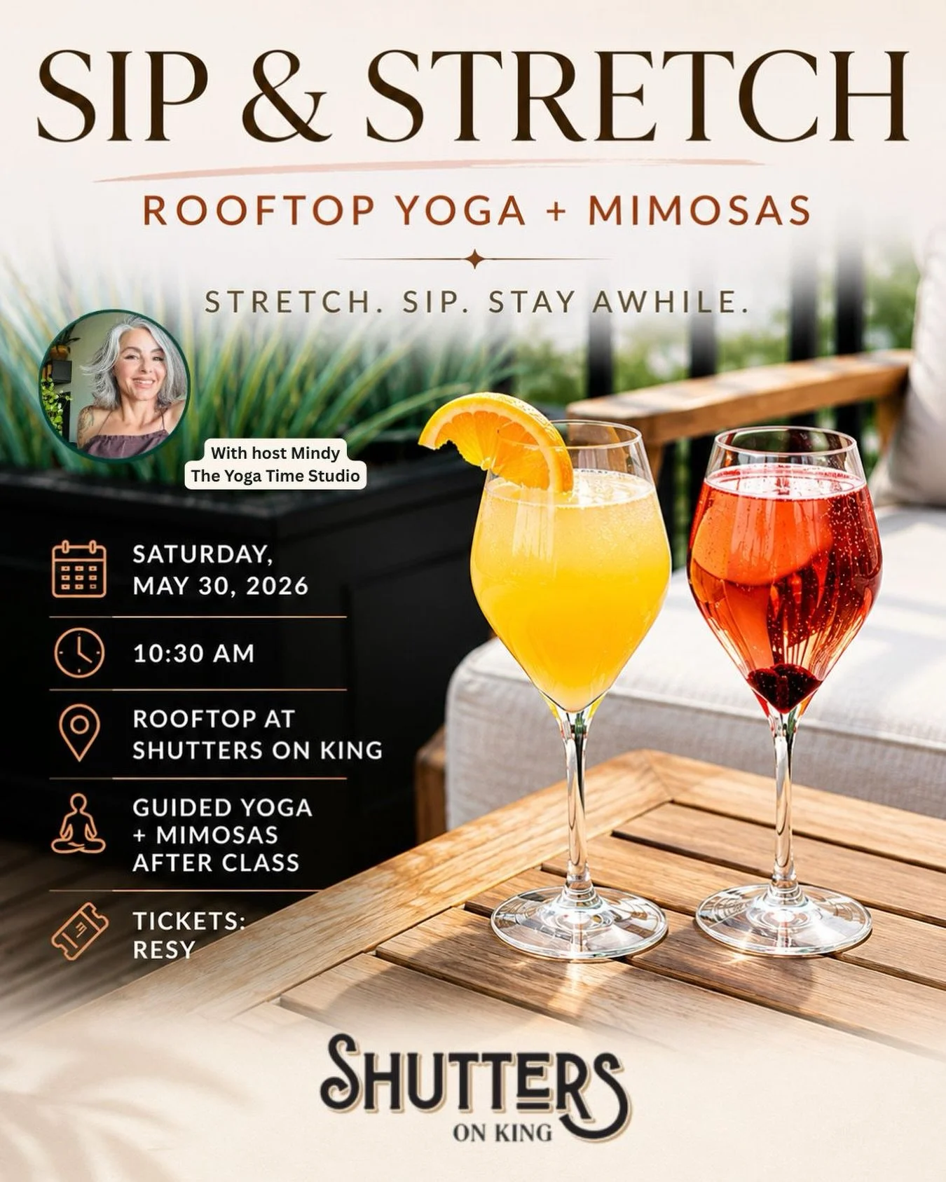 Weekend forecast: Sunny with a definite chance of relaxation and drinks!
Join us and host Mindy from The Yoga Time for a lovely morning of rooftop yoga followed by mimosas!
Your ticket includes the yoga session (we will also provide the mats), and 2 