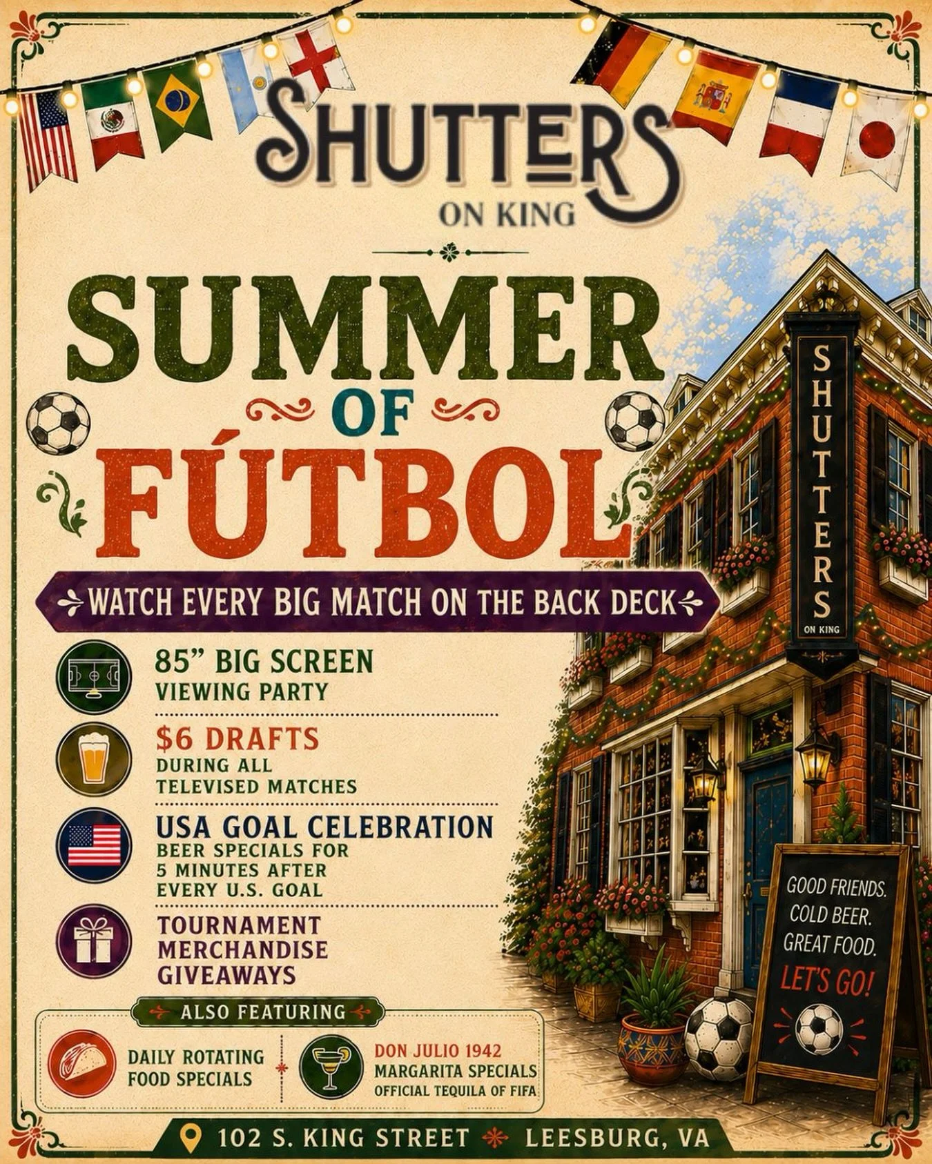 This summer, every big match has a home at Shutters on King.
Join us on the back deck for all the biggest matchups on our 85&rdquo; big screen, featuring $6 drafts during every televised game, rotating food specials, official tournament giveaways, an