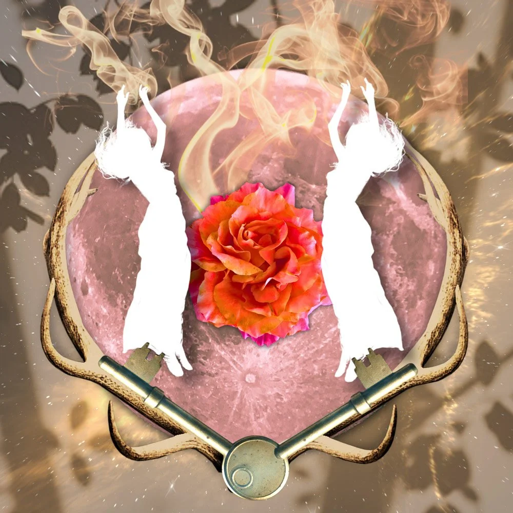 A surreal artistic composition featuring a pink moon with two white silhouettes of women with flowing hair representing tantra-informed healing & embodiment in Colorado at Joytown.