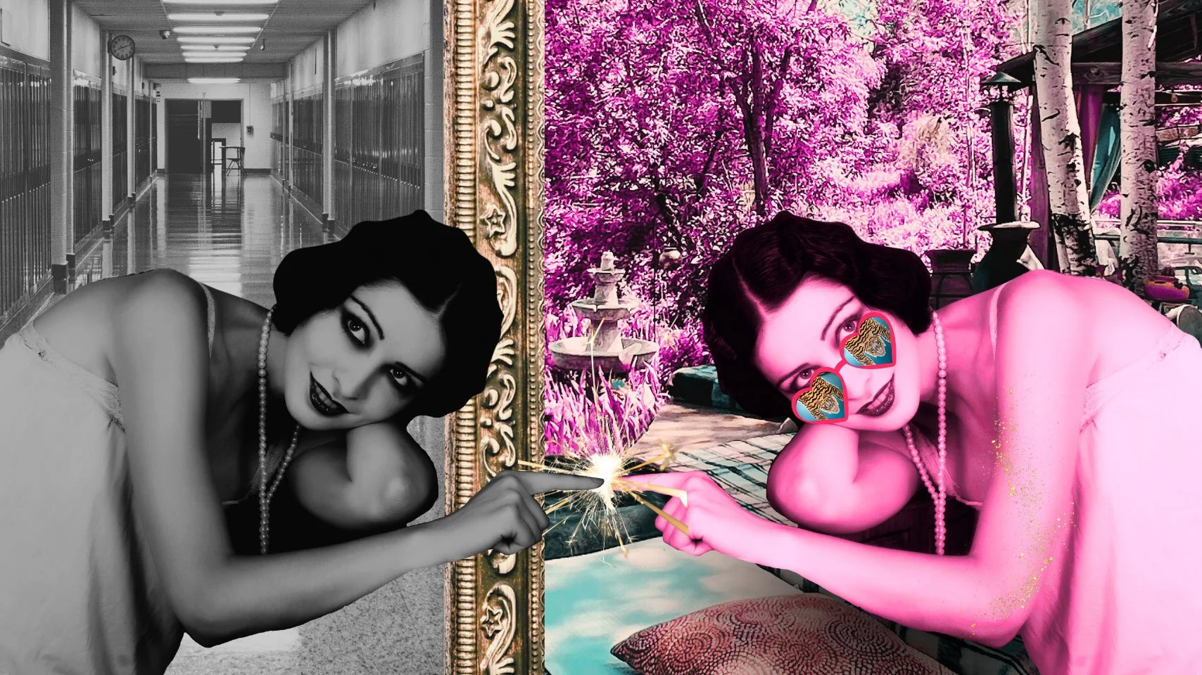 Two vintage women mirroring each other in black & white and color, representing the transformational retreats & workshops in Colorado at Joytown.