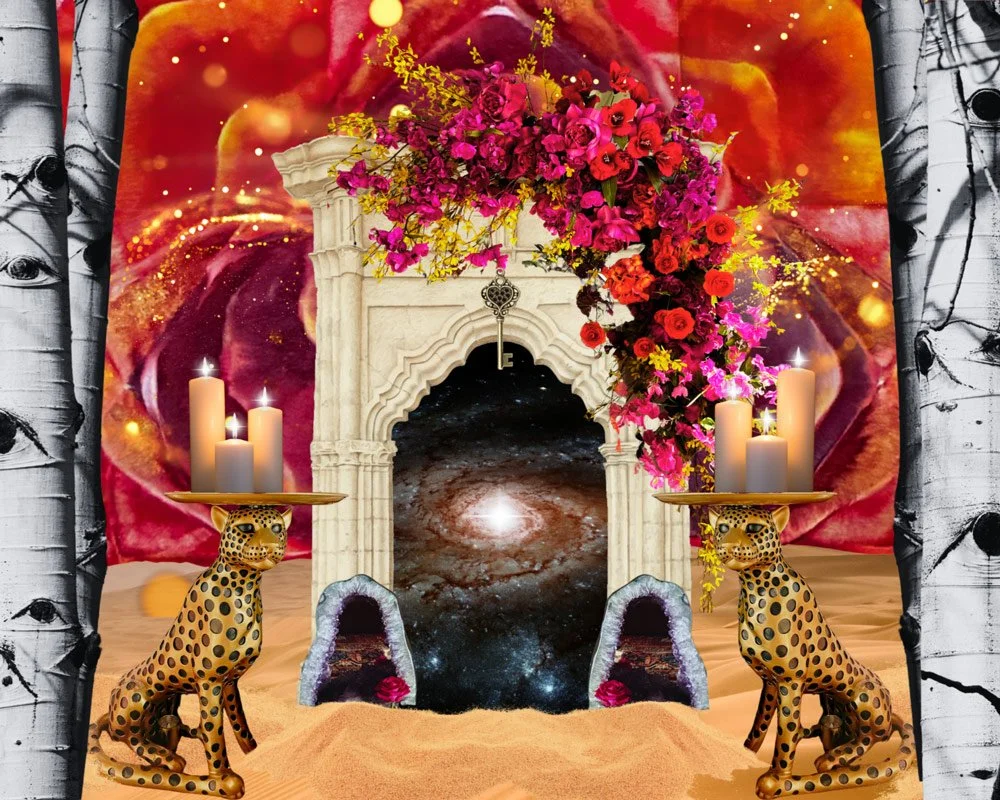 Surreal scene with two spotted cheetahs holding candle trays, a stone archway with a dangling key, and vibrant pink and red flowers cascading from the arch to represent transformational retreats & immersive healing in Colorado at Joytown.