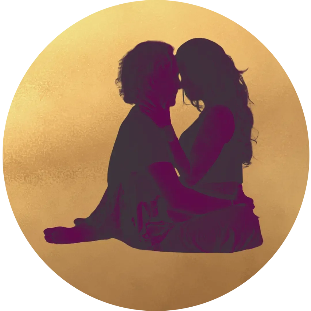 Silhouette of a man and woman sitting close, touching foreheads to showcase the tantra-informed healing & embodiment in Colorado at Joytown.