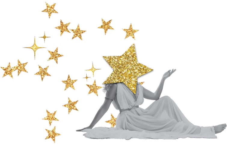 A woman in a white dress with a large gold glitter star covering her head to represent transformational healing through love & embodiment at Joytown.